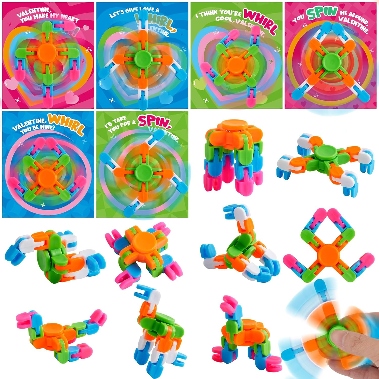 30 Valentine Fidget Spinner Sets with Cards Class Gift Party Favors for Kids Fun