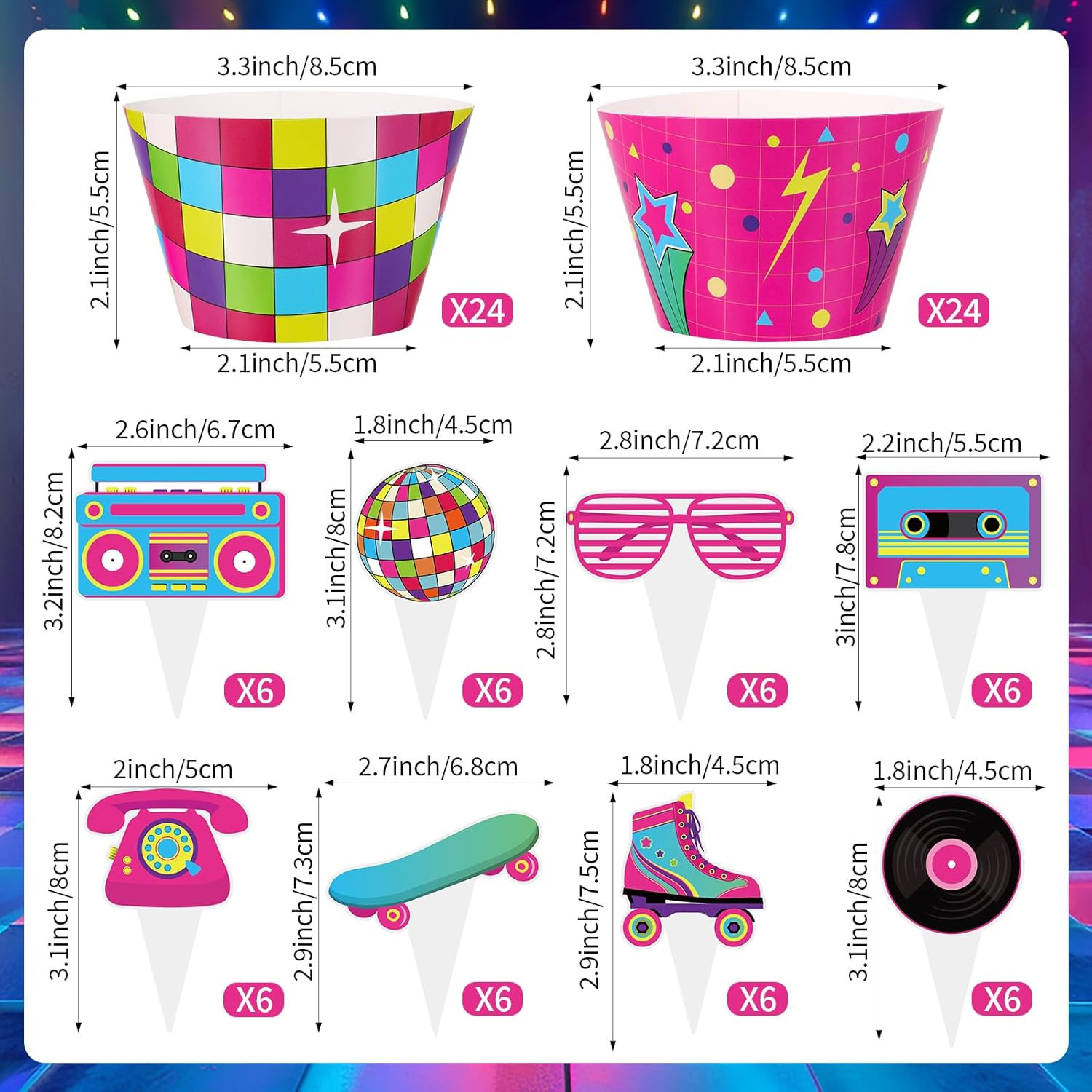 48 Pack Retro Cupcake Toppers and Wrappers, Retro Neon Party Cake Decoration for