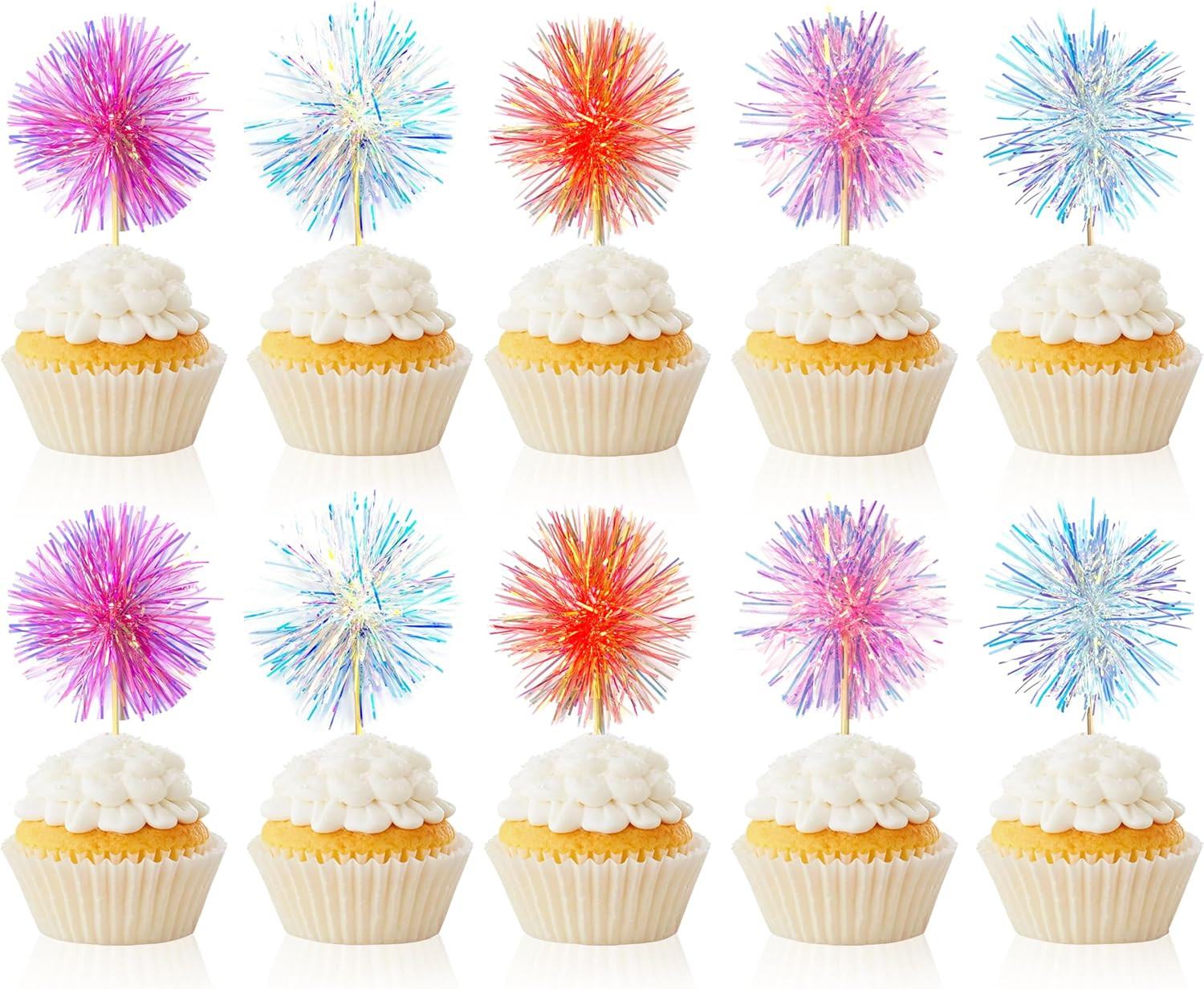 10PCS Foil Firework Cupcake Toppers, Happy Birthday Cake Toppers, Sparkle Tinse