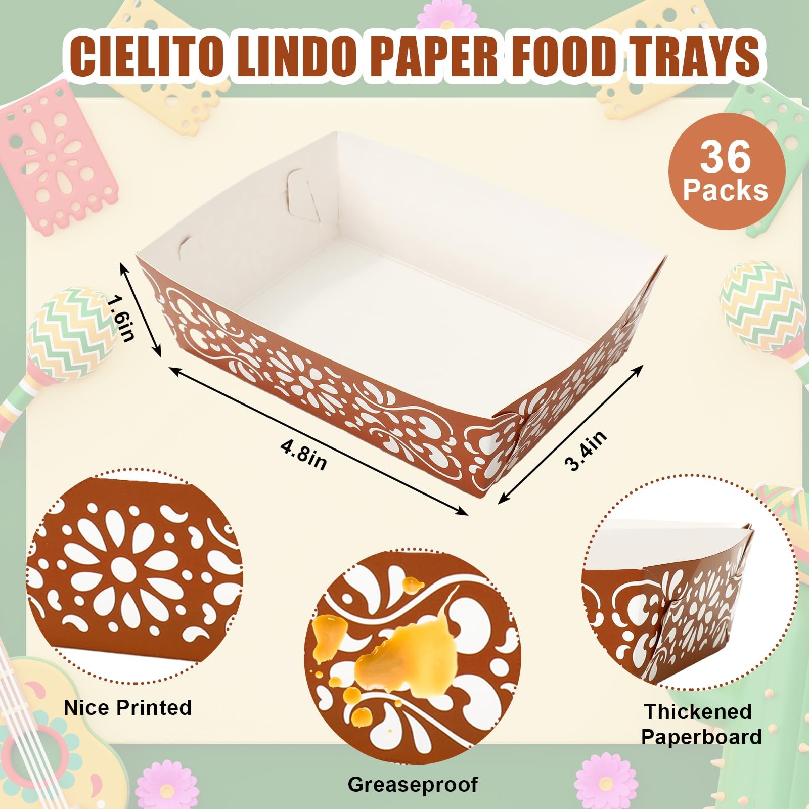 Whaline 36Pcs Cielito Lindo Paper Food Tray Mexican Fiesta Disposable Food Boat