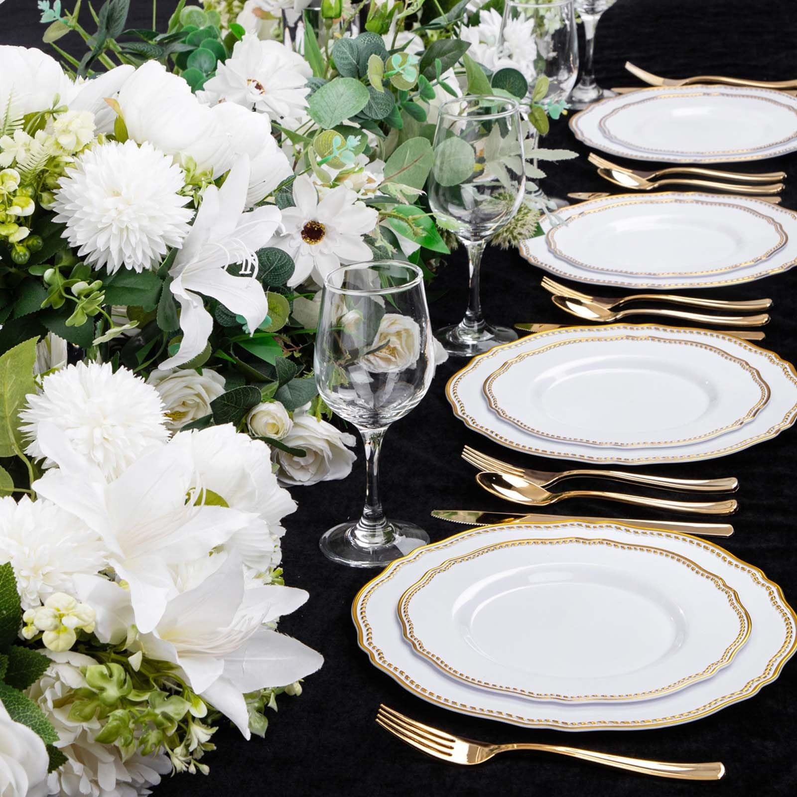 60pcs Gold Plastic Plates – White and Gold Disposable Dinnerware with Gold Ri…