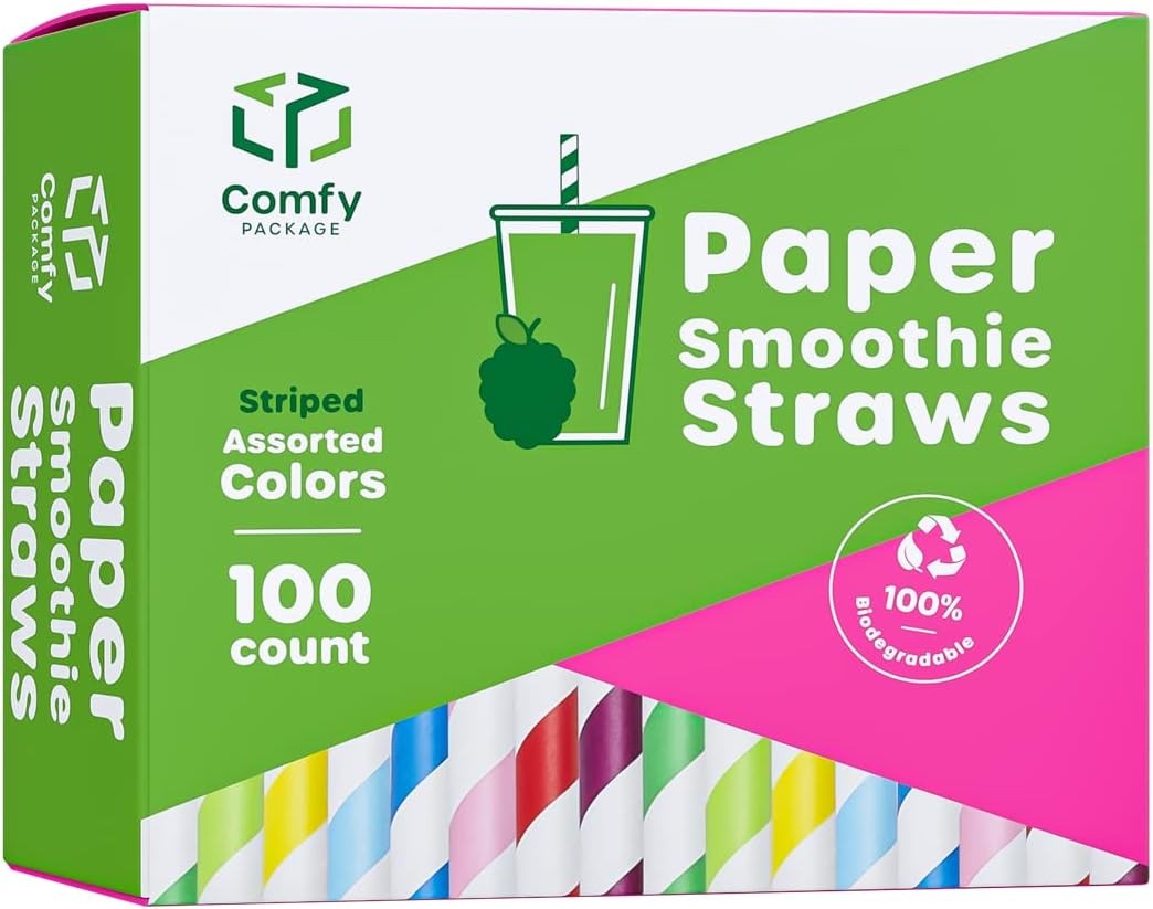 100 Pack] 10 mm Jumbo Striped Paper Smoothie Straws, 100% Biodegradable Paper