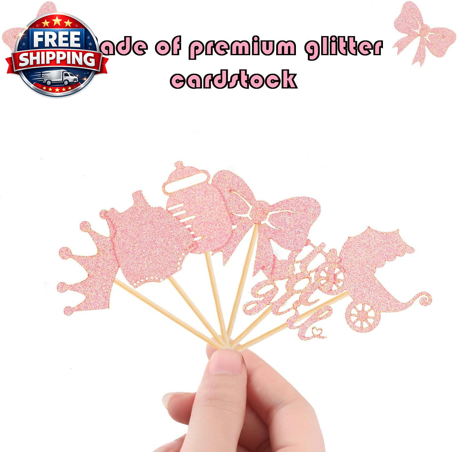 48 Pieces Baby Shower Cupcake Toppers for Girls Glitter Pink Baby Girl Food Pick