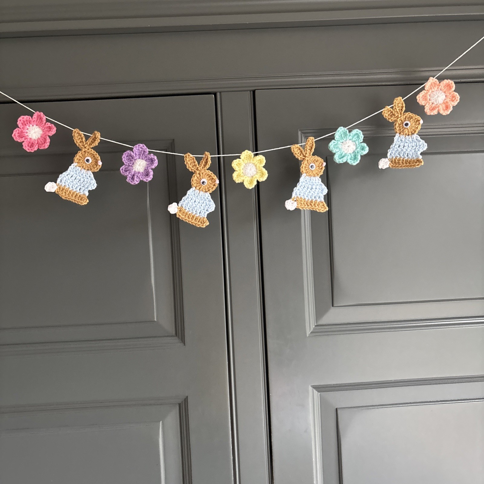 Bunny Rabbit & Flowers Garland/ Bunting Handmade Crocheted Nursery Home Decor