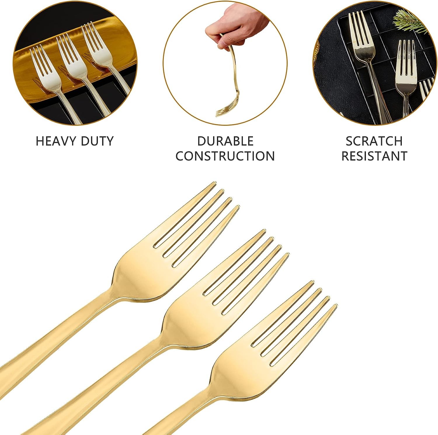 180PCS Gold Plastic Forks, Solid, Durable and Heavy Duty Plastic Forks,
