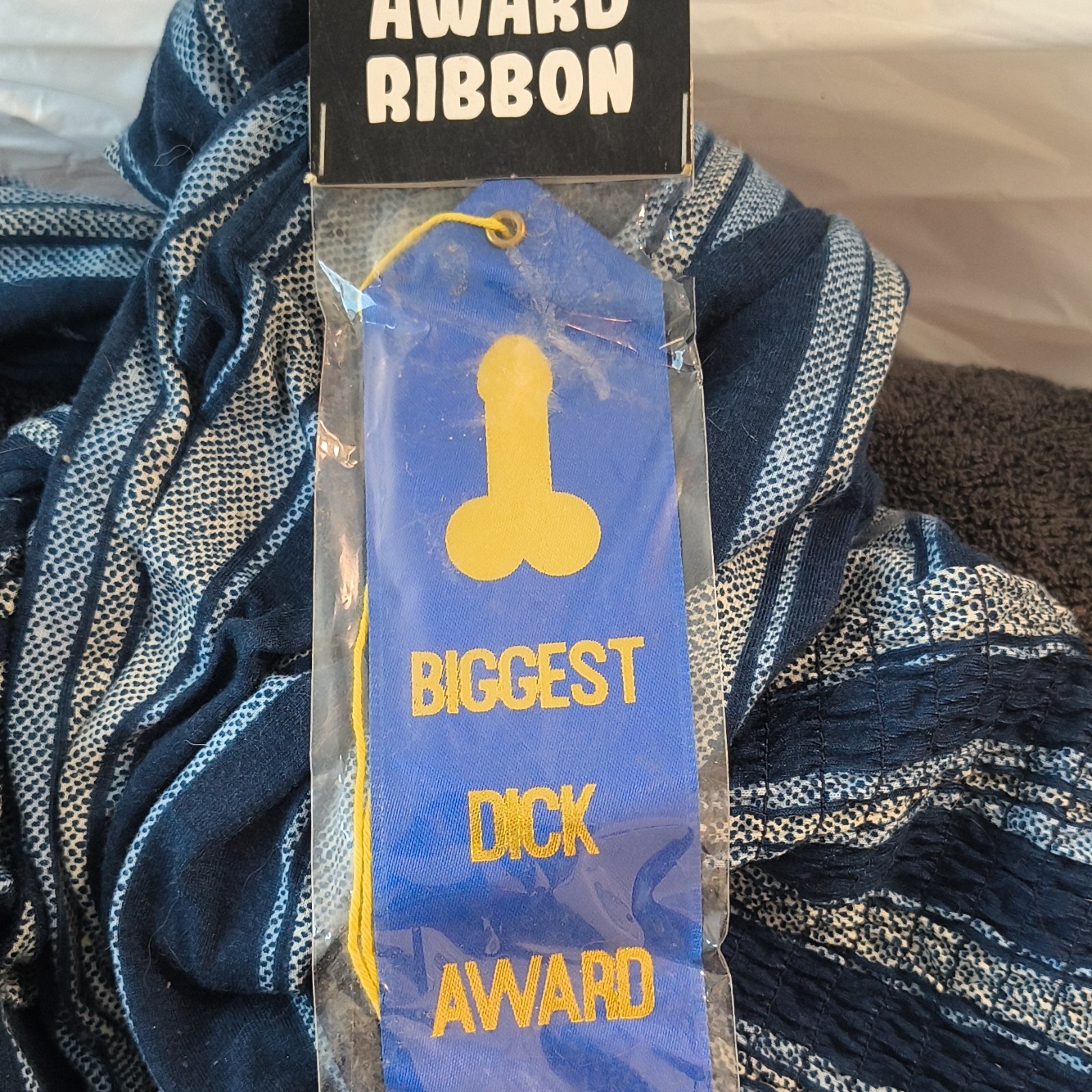 “Biggest Dick Award” Fabric Award Ribbon Blue/Yellow Adult Humor 18+ Party