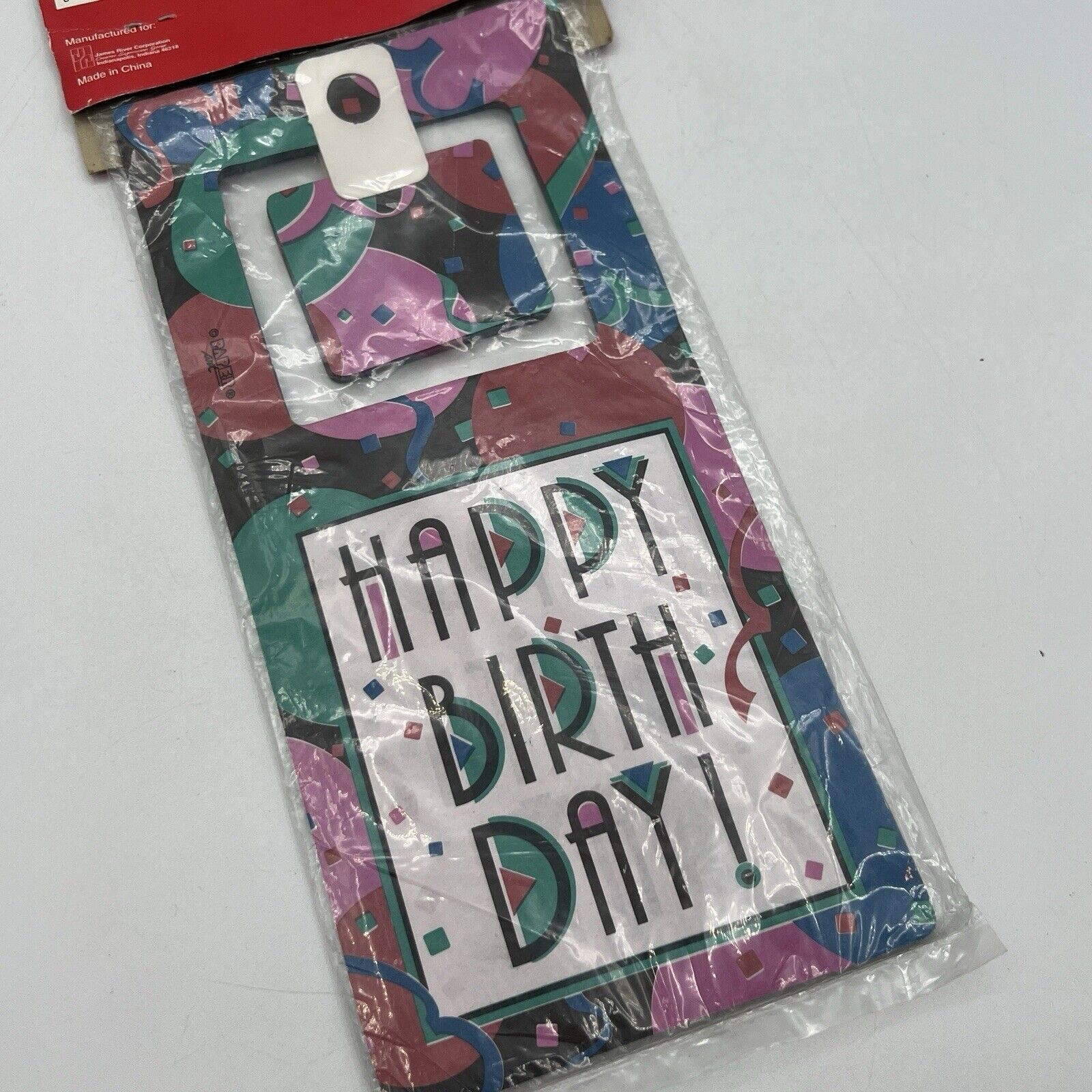 Vintage 1990s Art Deco Happy Birthday Hanging Banner Pink Teal Pop Art NEW