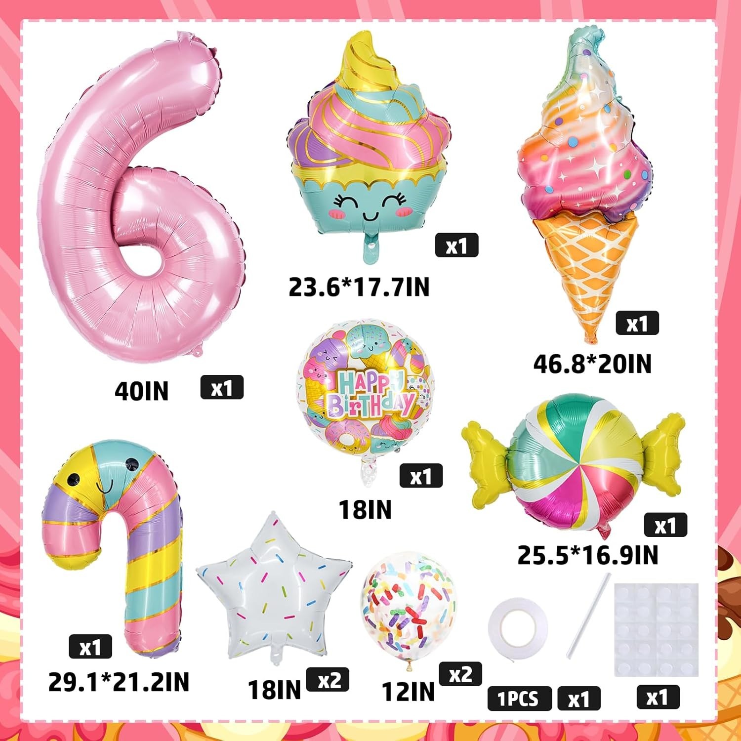 Number Candy Ice Cream Balloon Set, Macaron Pink Dessert-Themed Party Decorat…