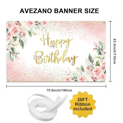 Rose Gold Birthday Backdrop for Women Pink Floral Golden Flash Happy 6×3.6ft