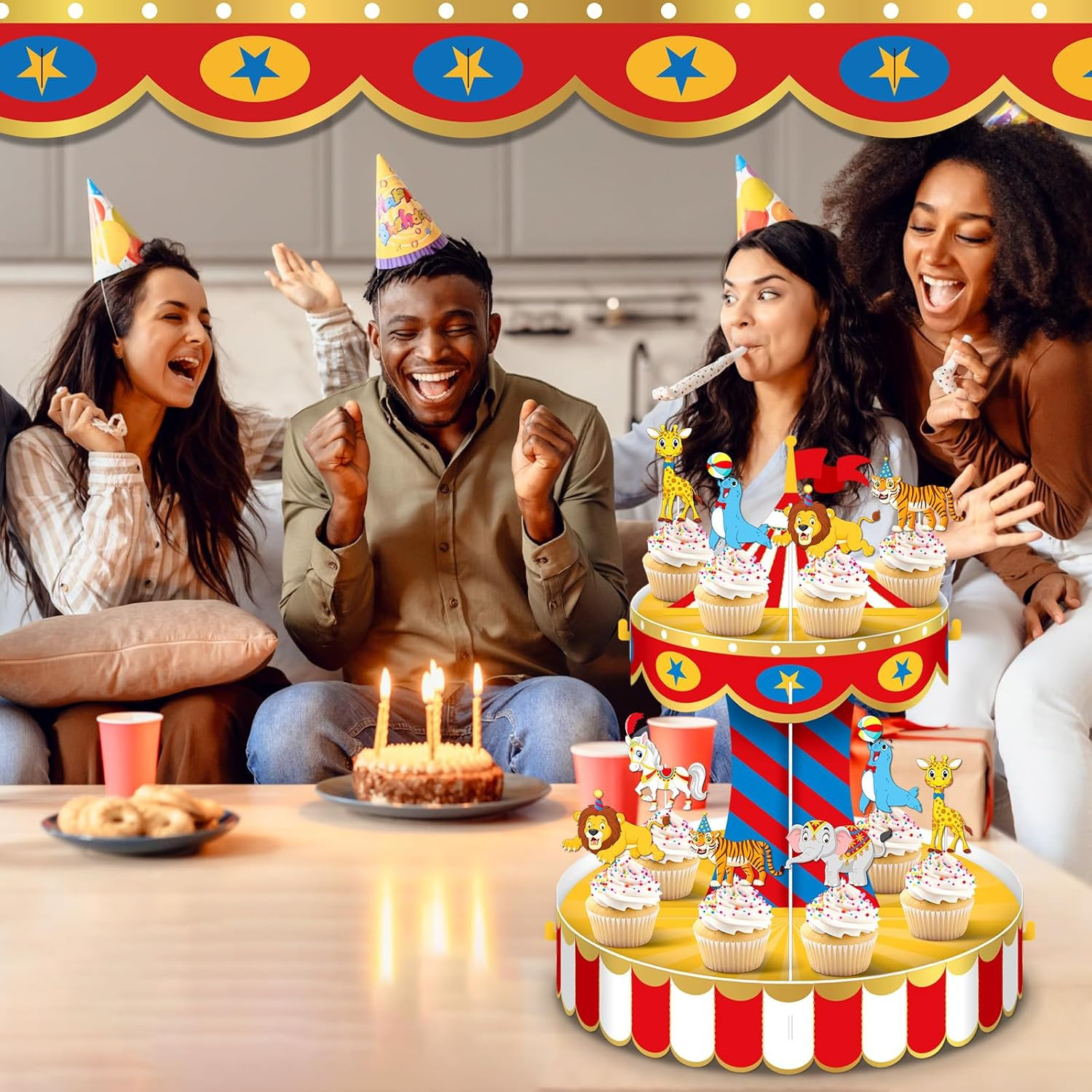 Carnival Circus Cupcake Stand Party Decorations with 24 Cupcake Toppers Circu…