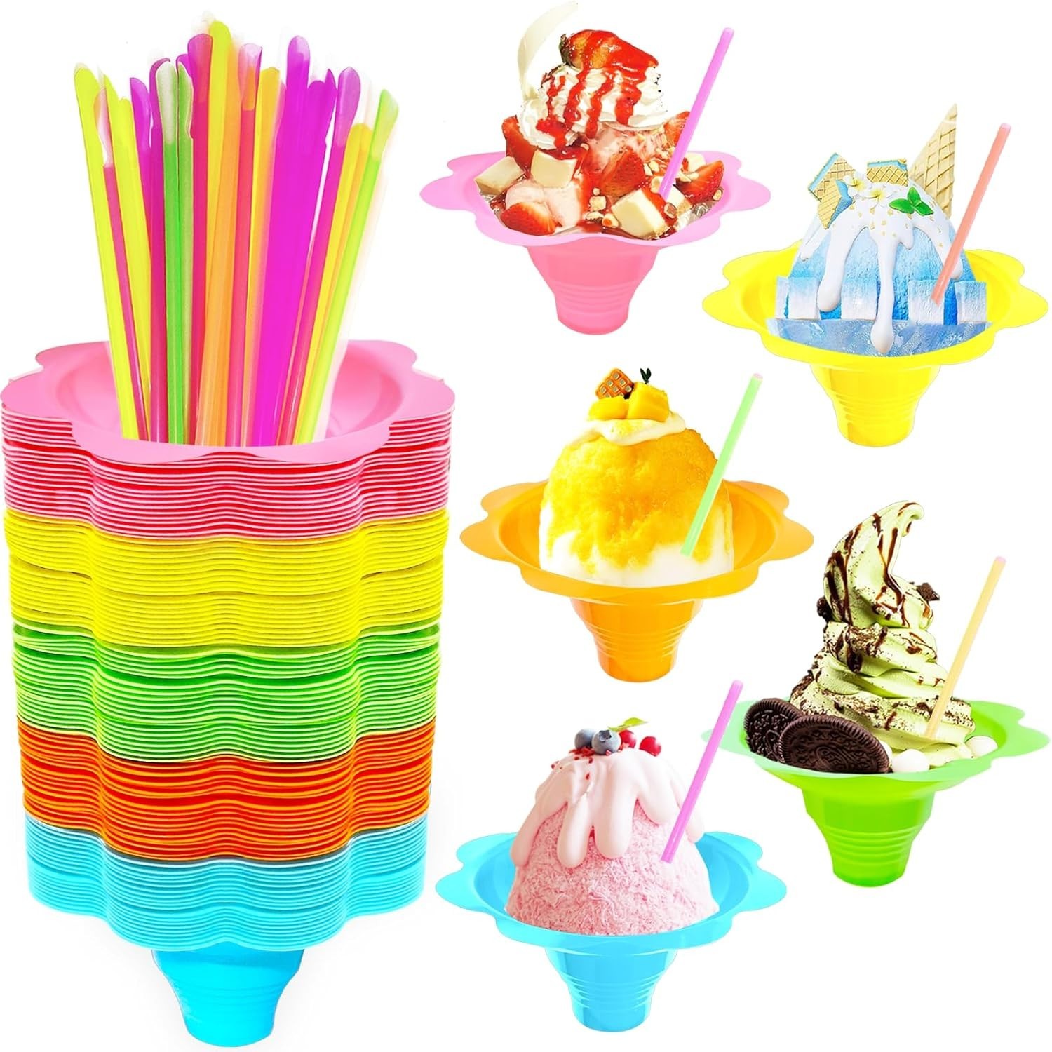 200PCS 4oz Colorful Snow Cone Cups Set with 100Pcs Spoon Straws and 100Pcs Cups,