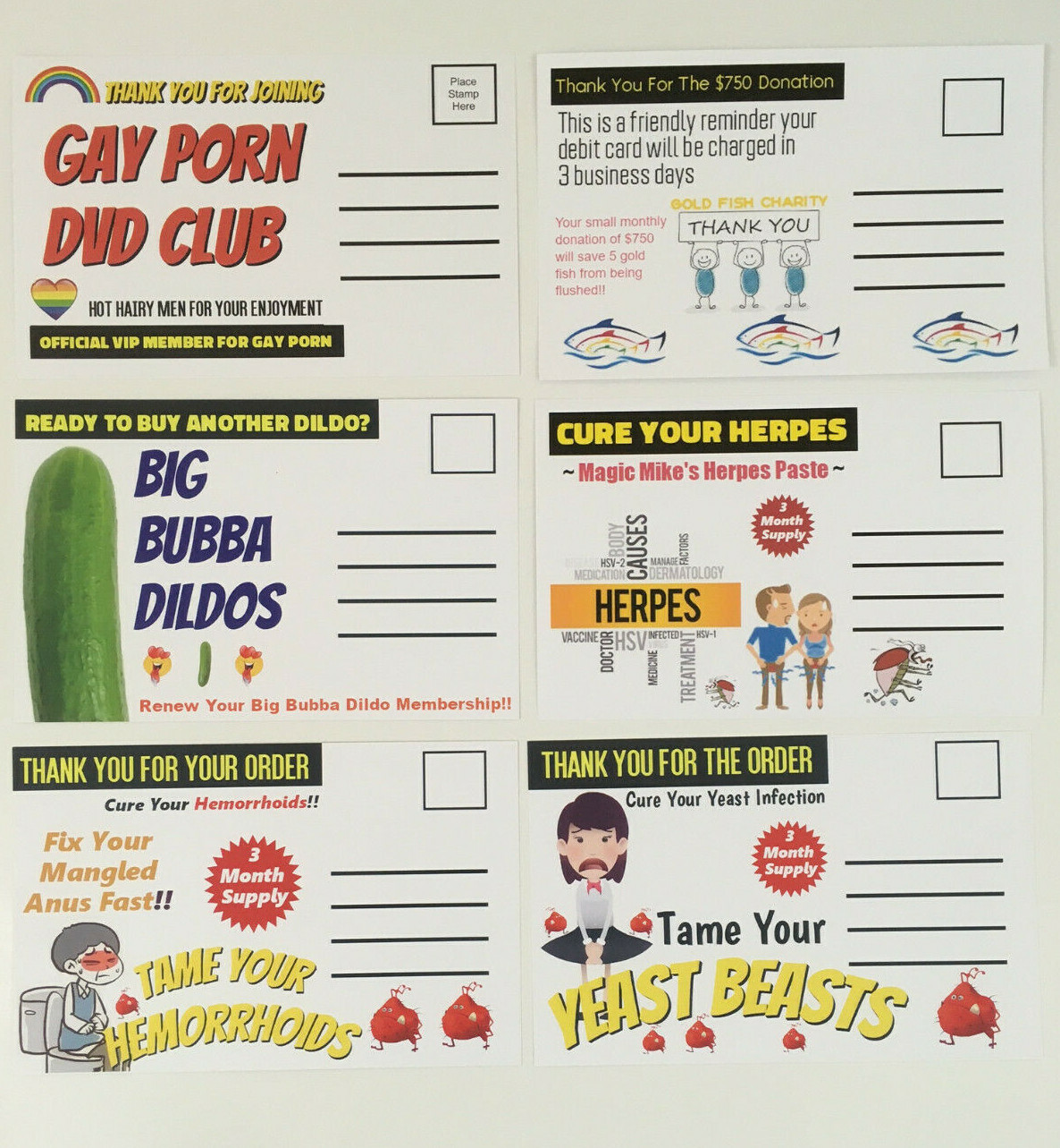 6 PACK – Adult PRANK Mail Postcards – FUNNY Joke Revenge Gag Gift Novelty Funny