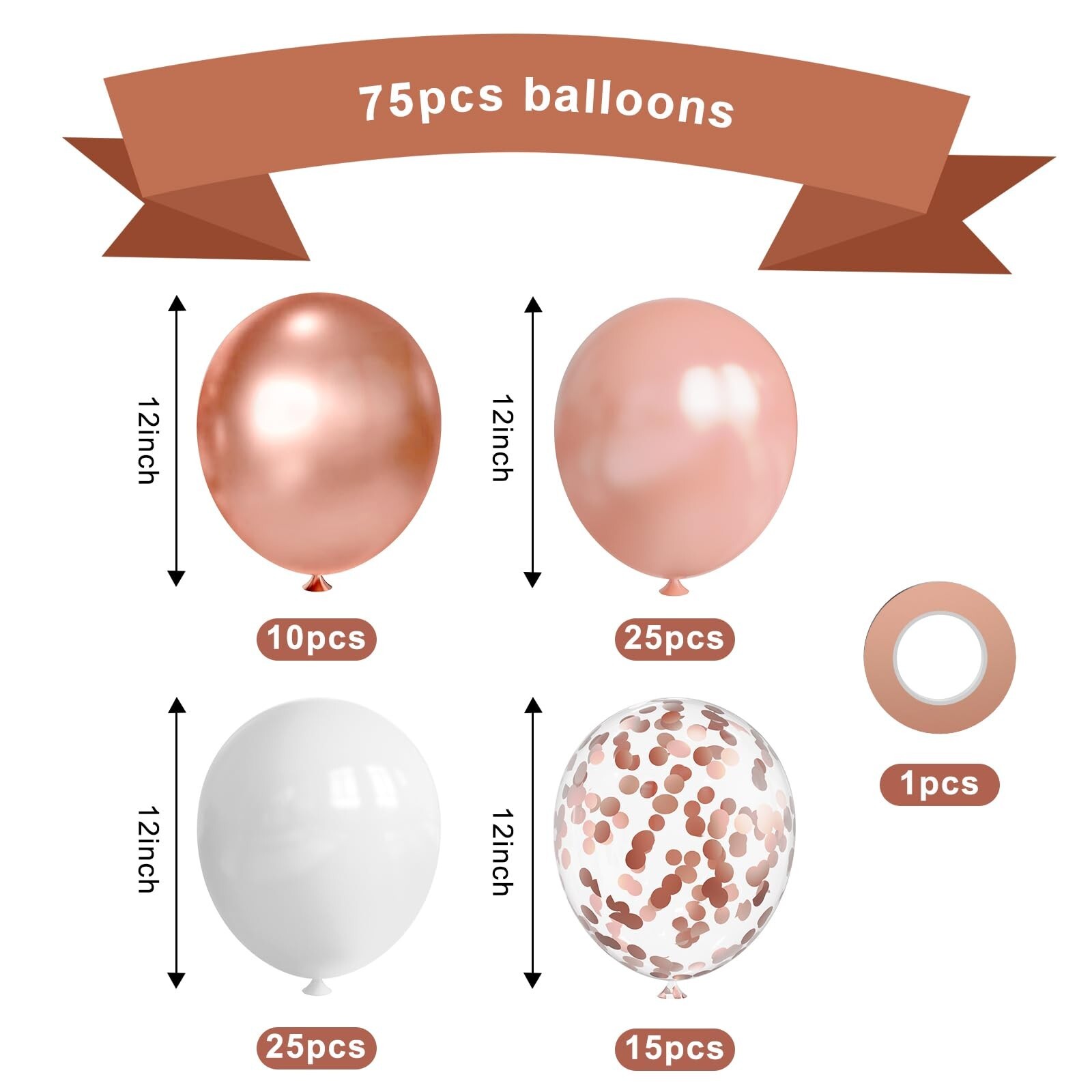 75 Pcs 12 Inch Rose Gold Balloons,Rose Gold and White Balloons,Rose Gold Meta…