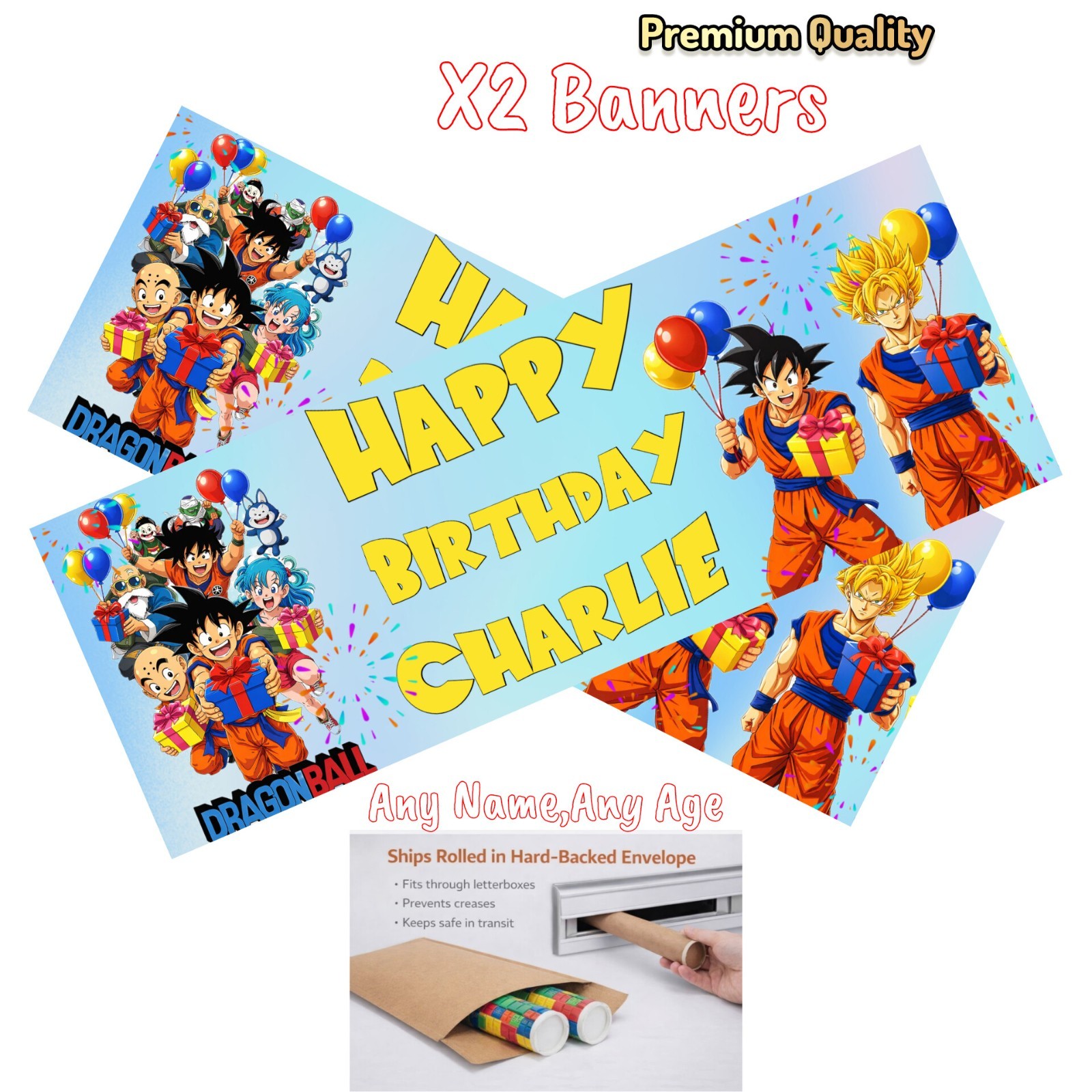 DRAGON BALL GOKU x2 Personalised Birthday Banner, premium quality, any name age