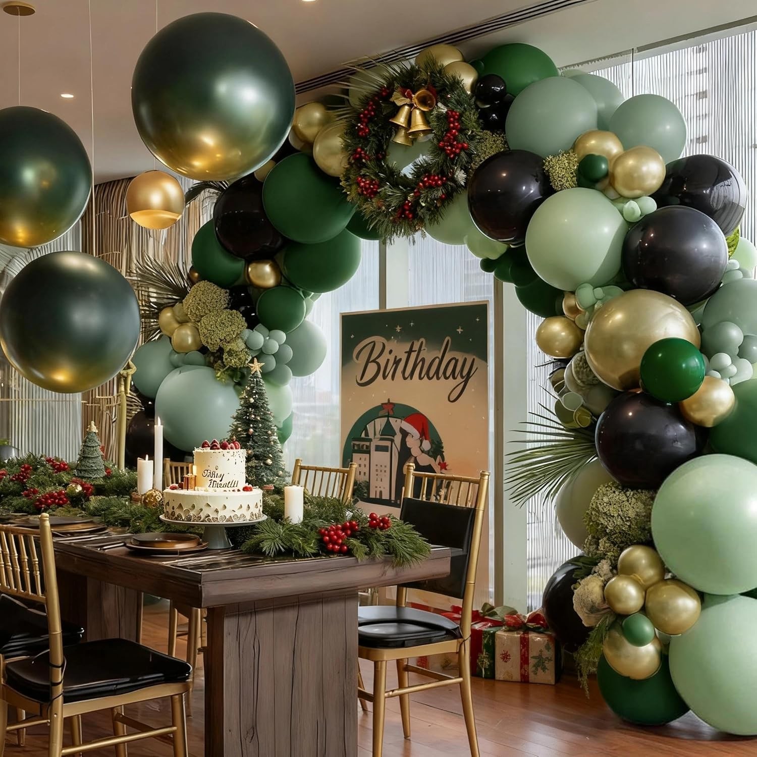 Green Gold Balloon Arch, Double Stuffed Black Gold Sage Emerald Dark Green Ba…