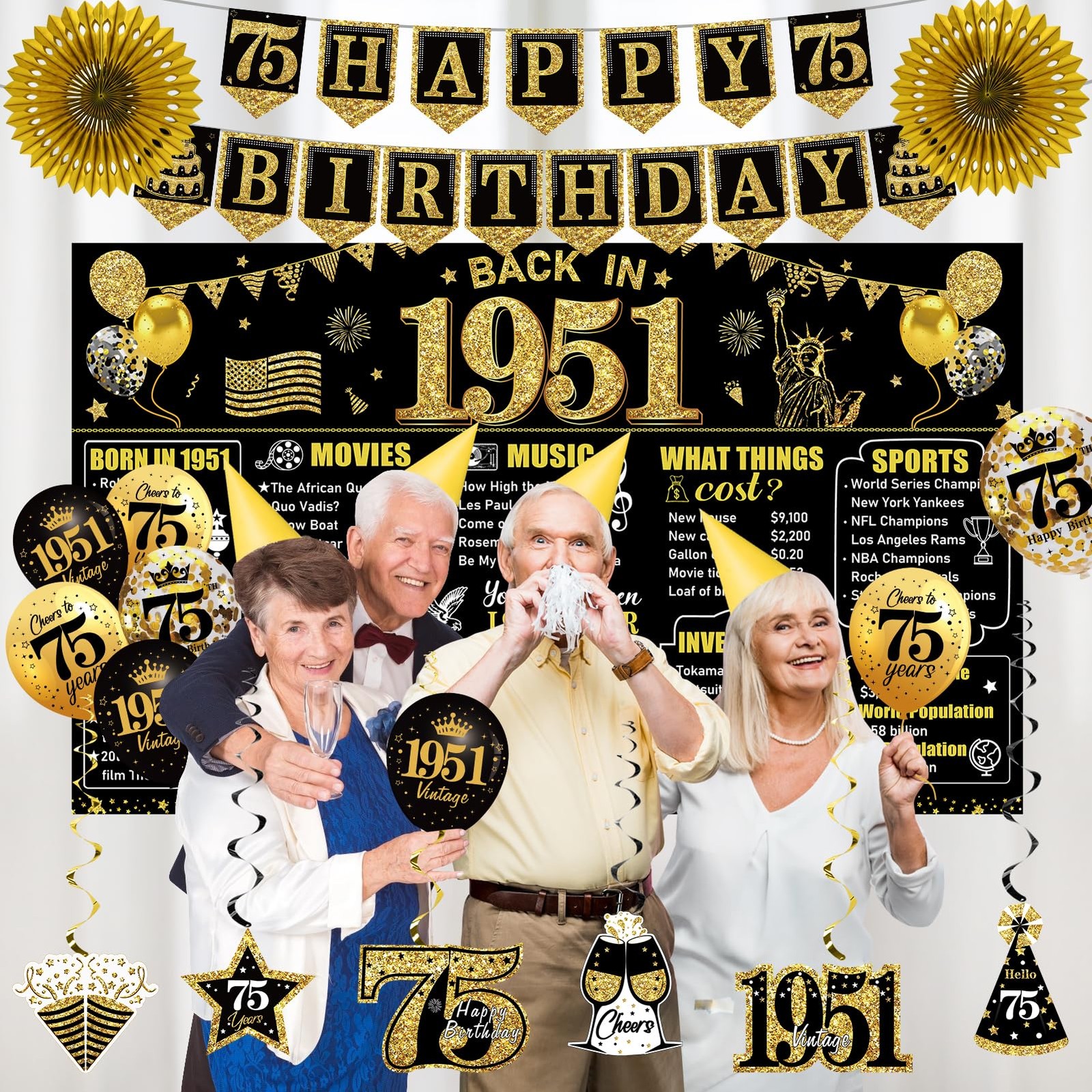 75th Birthday Decorations Kit for Men Women, Black Gold 24PCS Back in 1950