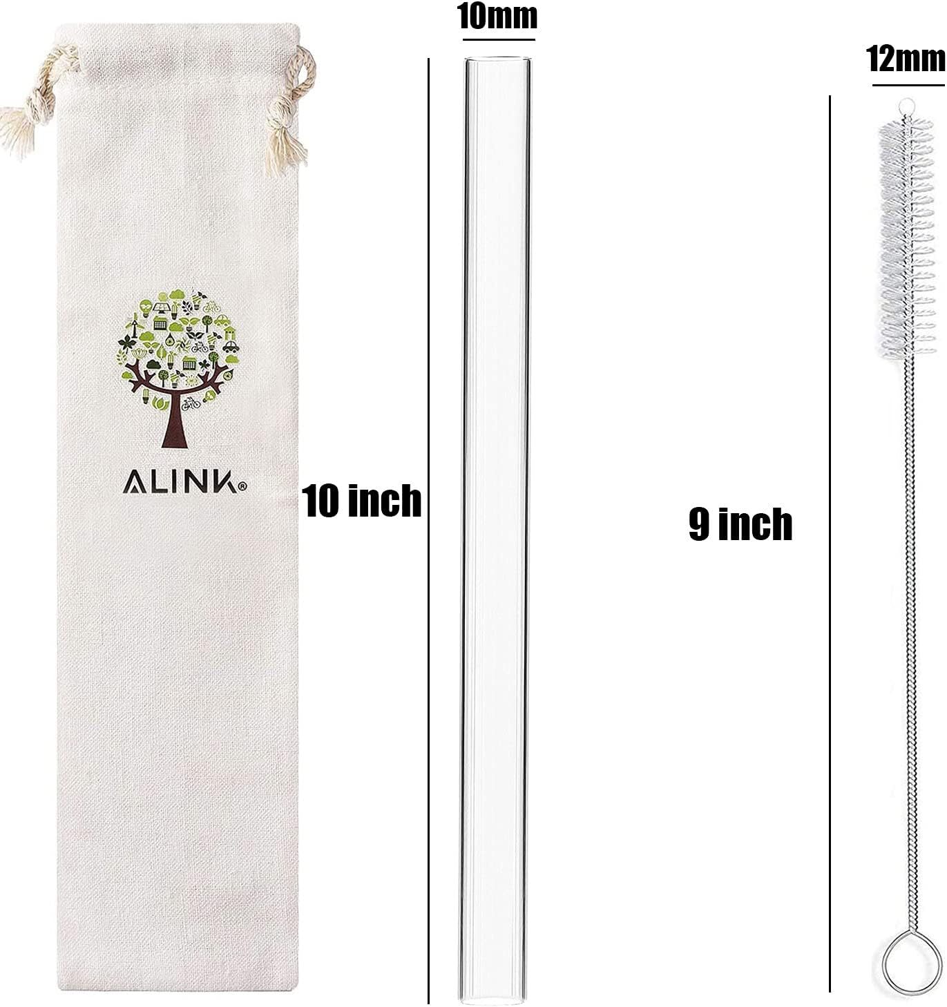 ALINK Reusable Clear Smoothie Straws, 10 in x 10 mm Jumbo 8 Piece Set,