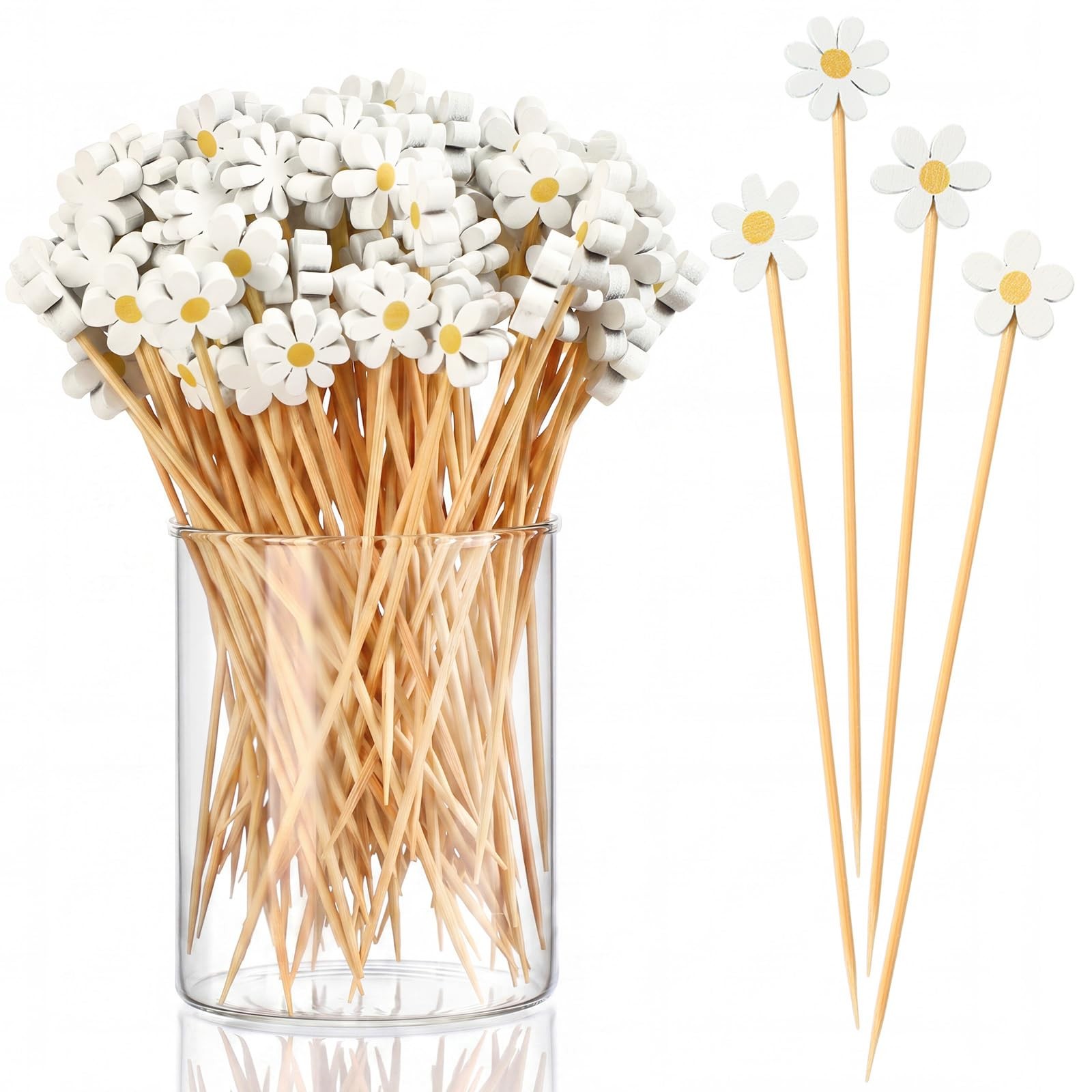 400 Pcs Summer Daisy Cocktail Picks Flower Bamboo Toothpicks Bulk White Daisy…