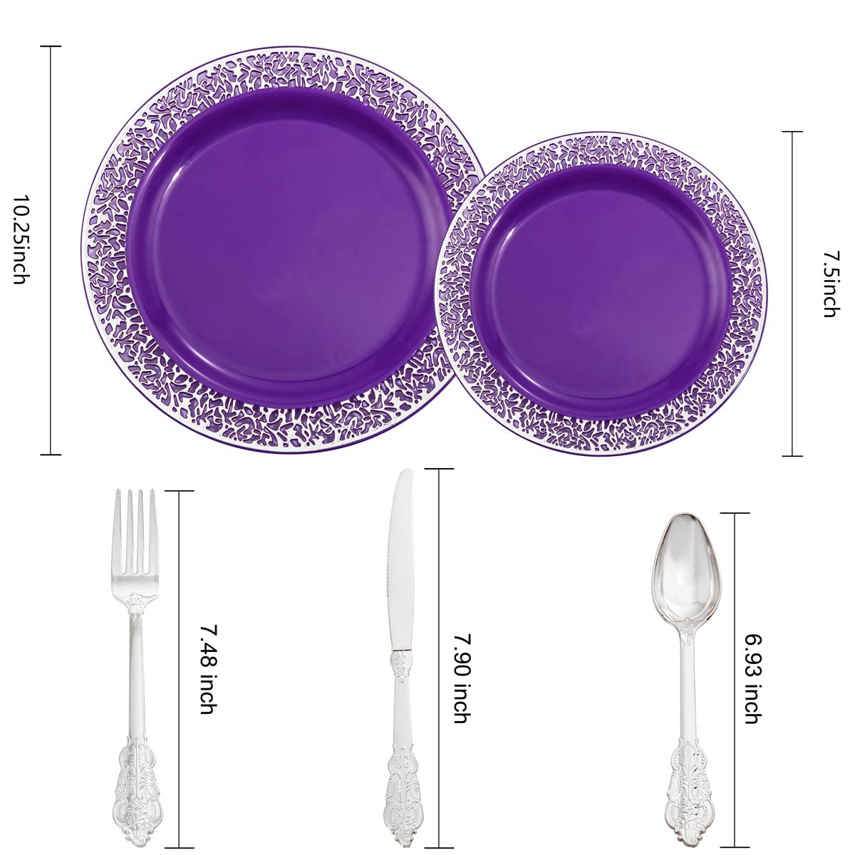 150PCS Purple Silver Plastic Plates with Silver Silverware, Silver Party Supp…