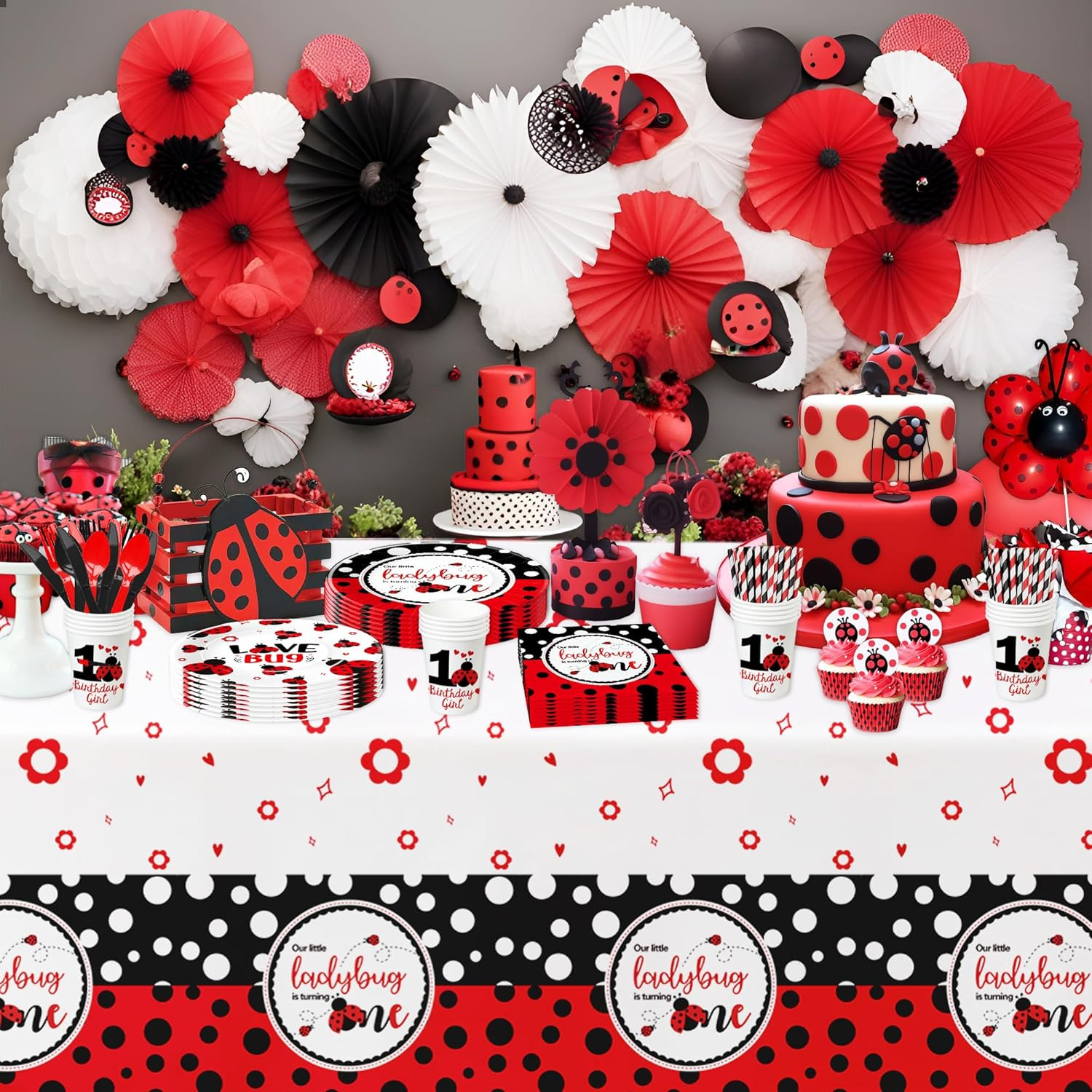 Ladybug 1st Birthday Party Tableware Set Plates Cups Napkins Serves 24