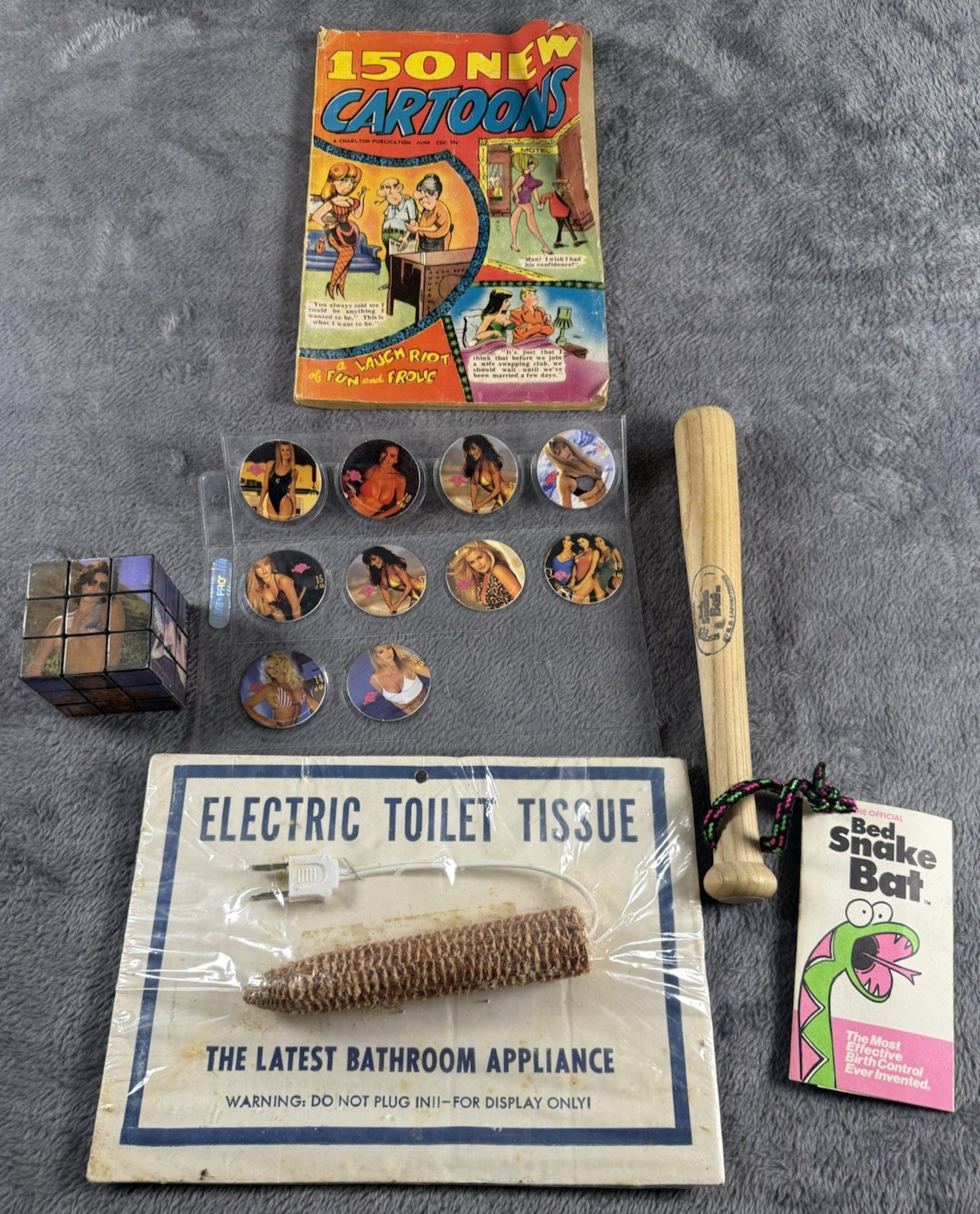 Vintage Adult 60’s 80’s Gag Gift Lot Electric Toilet Paper Pogs Boob Cube Comic