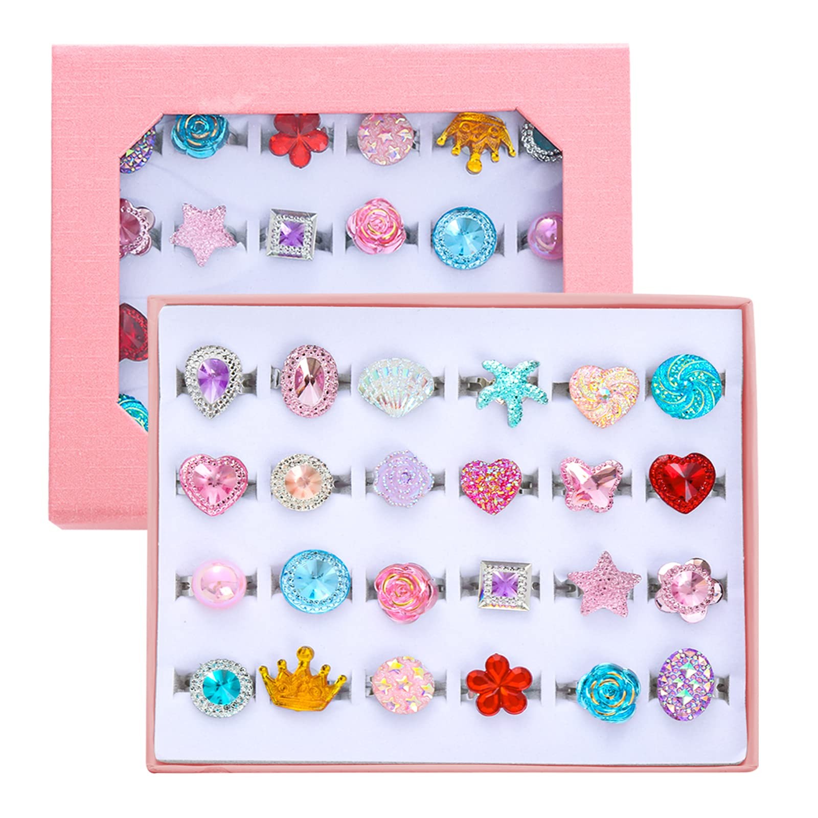 PASEMM 24pcs Little Girl Jewel Rings, Adjustable, No Duplication Kids Play Ri…