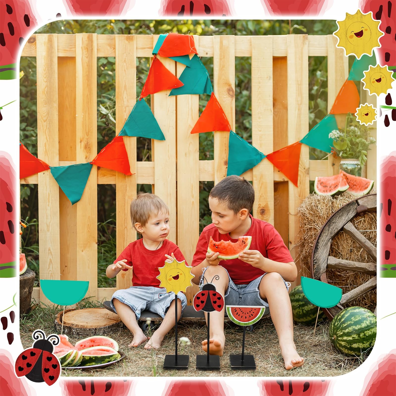 3 Pcs Summer Watermelon Ladybug Wooden Table Sign Vertical Wooden Table Top Home