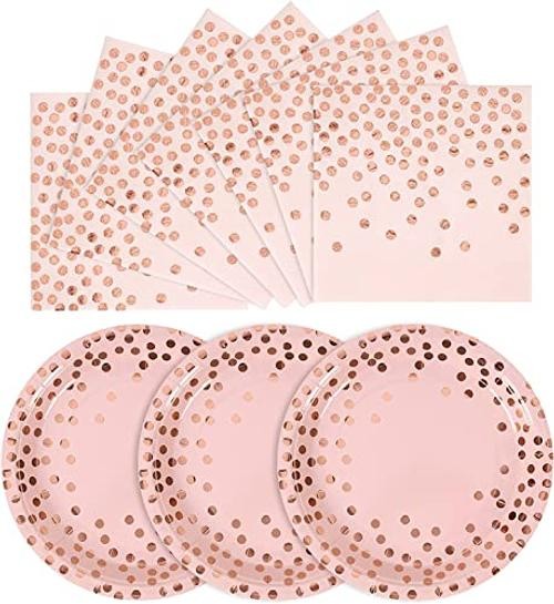 Pink and Rose Gold Paper Plates-50 Pack- 25 * 7inch Modern-50PCS Pink Rose Gold