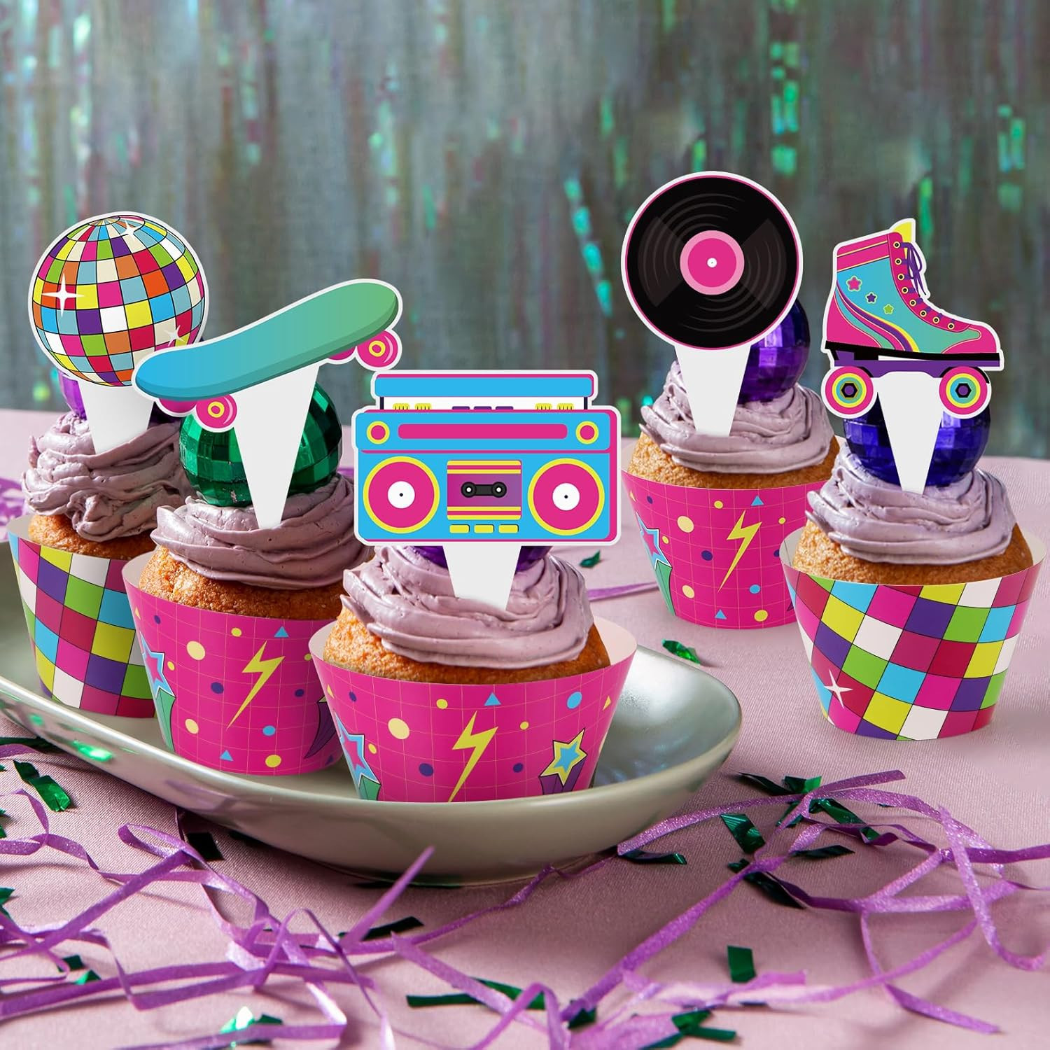 48 Pack Retro Cupcake Toppers and Wrappers, Retro Neon Party Cake Decoration for