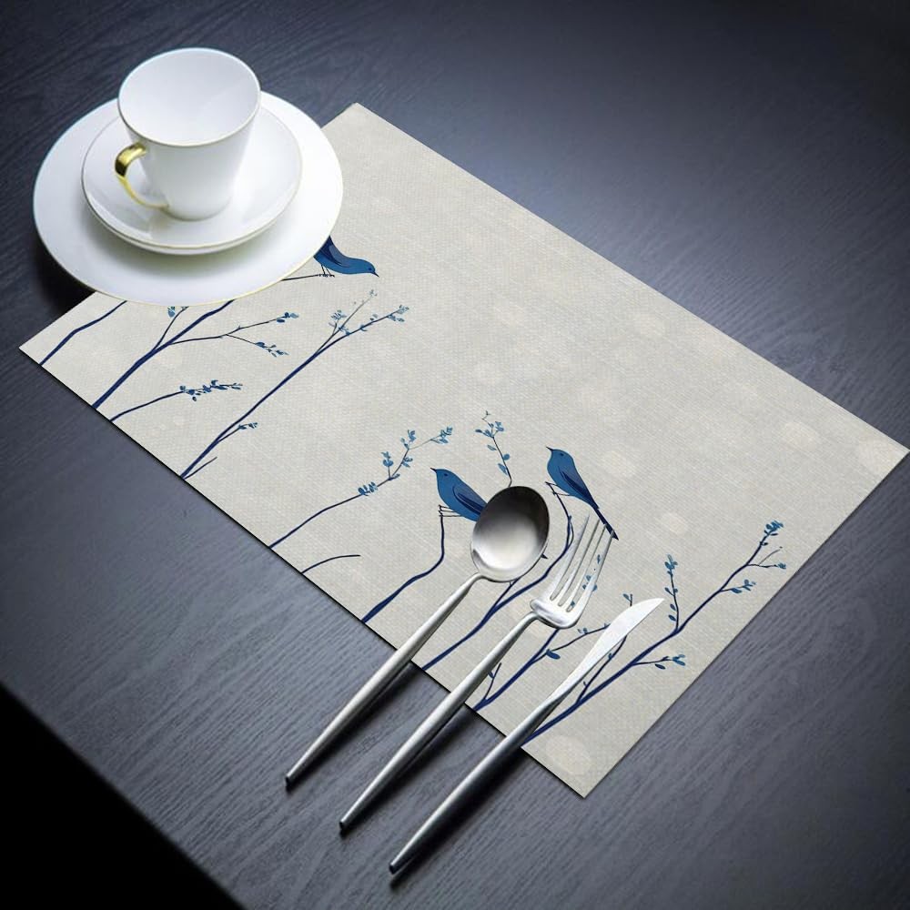 Moslion Watercolor Robin Placemats Animal Birds Sitting On Tree Branch Floral Le
