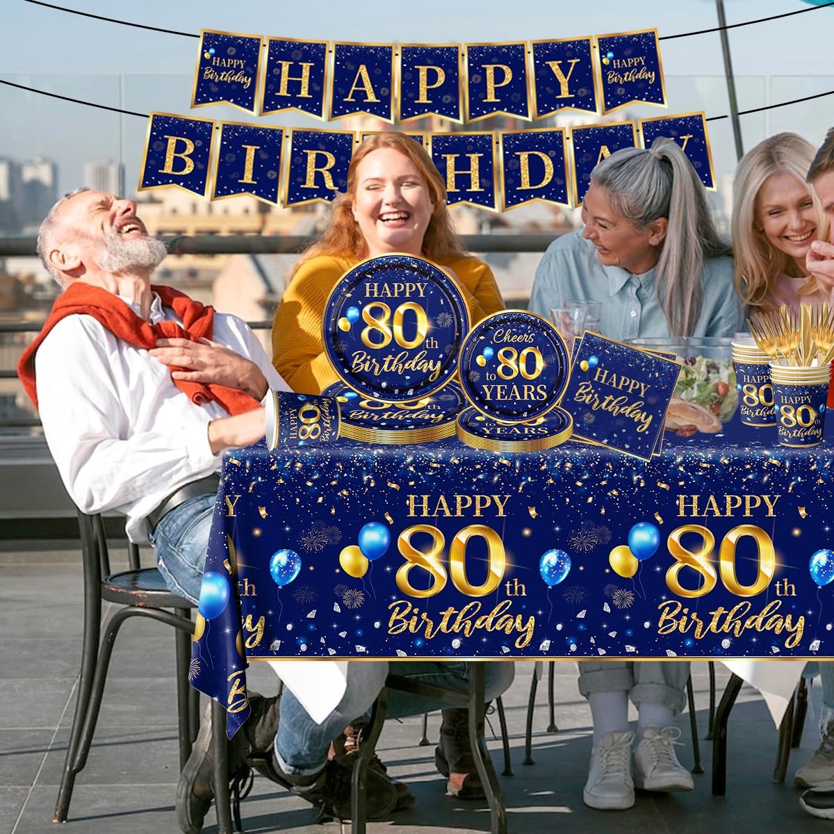 80th Birthday Decoration Men-142pcs Navy Blue and Gold Birthday Tableware Set…