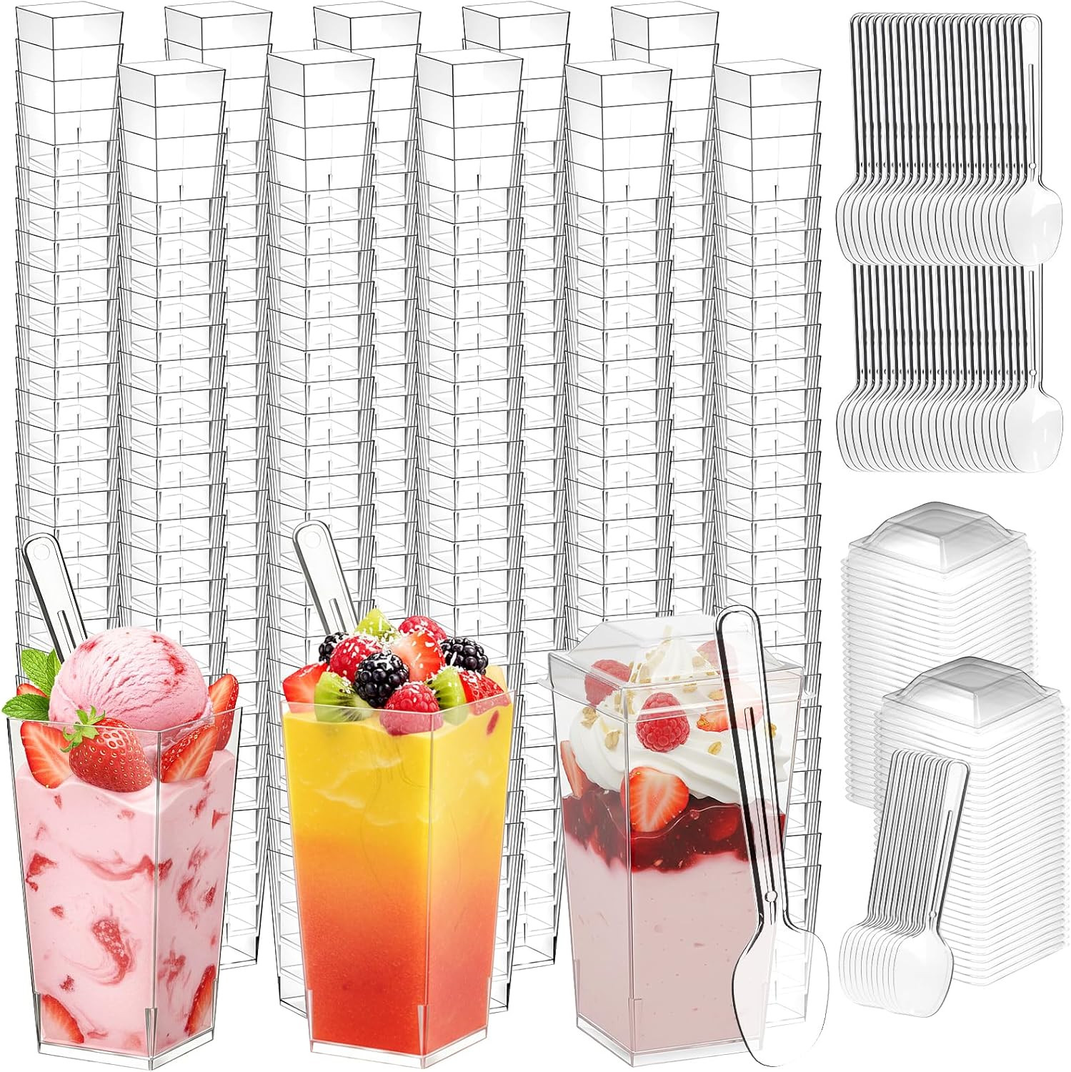 600 Pcs 3 Oz Mini Dessert Cups with Lids and Spoons, Reusable Square Appetizer,