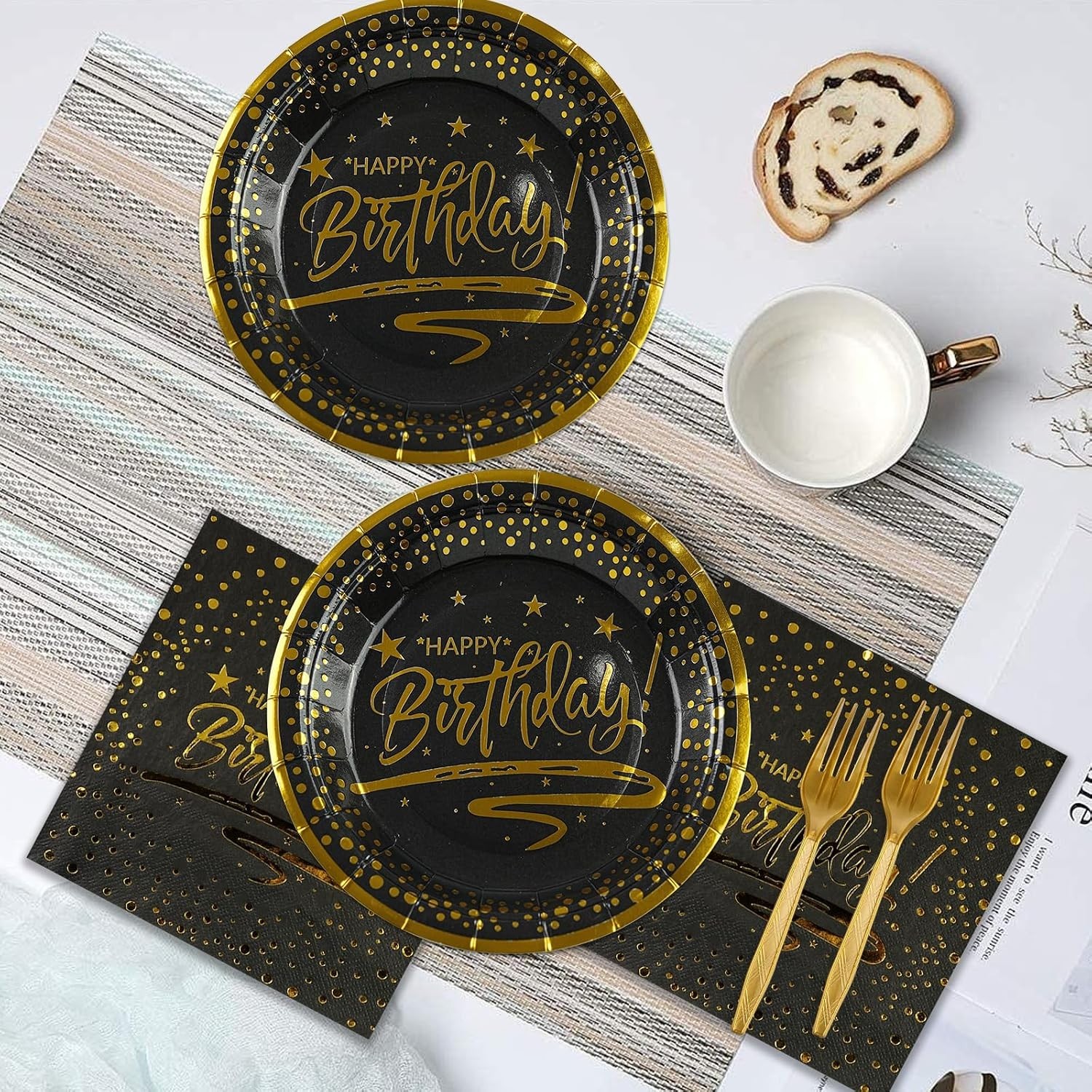 Birthday Party Plates Napkins Forks Set, 72 Pc, Black Gold Dot, Disposable