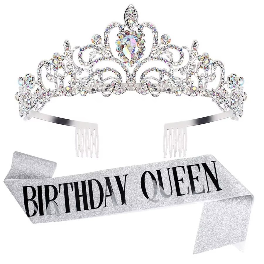 2Pcs Birthday Girl Queen Sash & Rhinestone Crystal Tiara Crown Party Decor Set