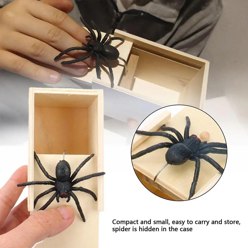 Wooden Spider Prank Box Jump Scare Surprise Gag Toy Funny Halloween Gift