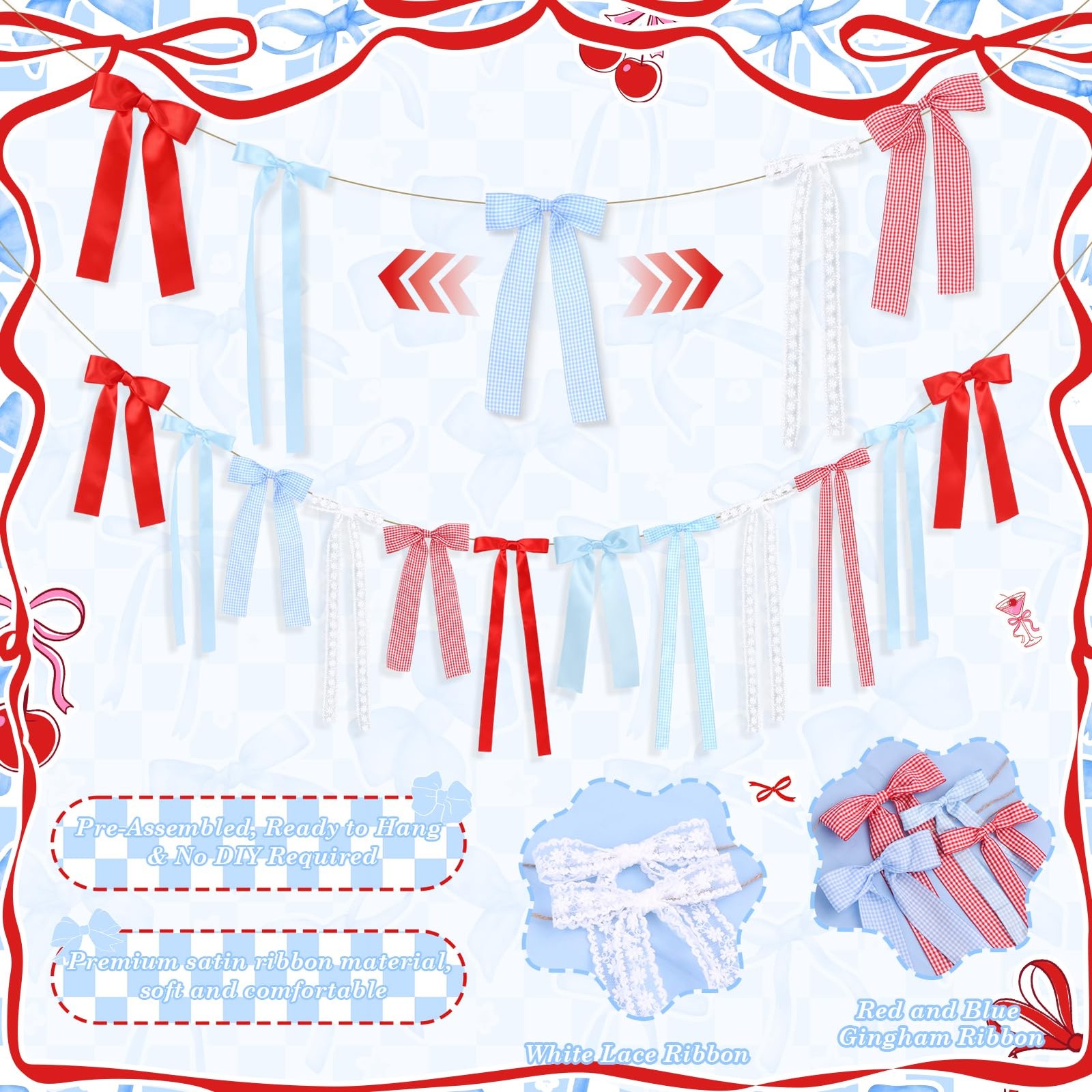 Cherry Blue Gingham Bow Garland, White Lace and Red Blue Gingham Bow Garland Ri