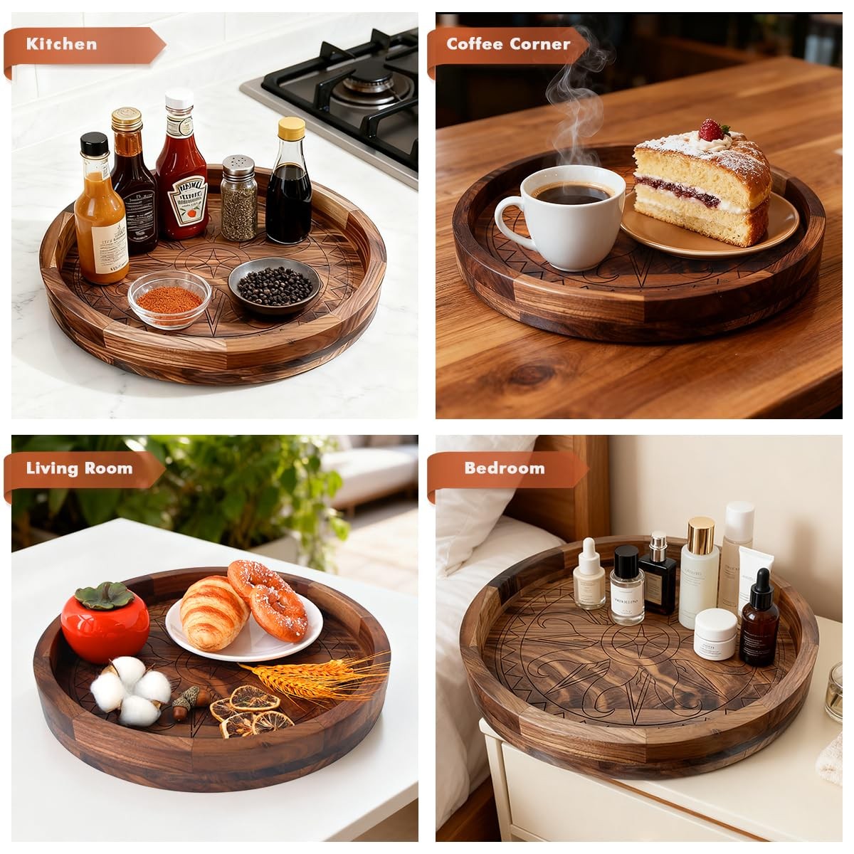 ORIGTRAY Walnut Tray, 12 Inches Ottoman Tray, Rustic Round Handcrafted Solid Woo