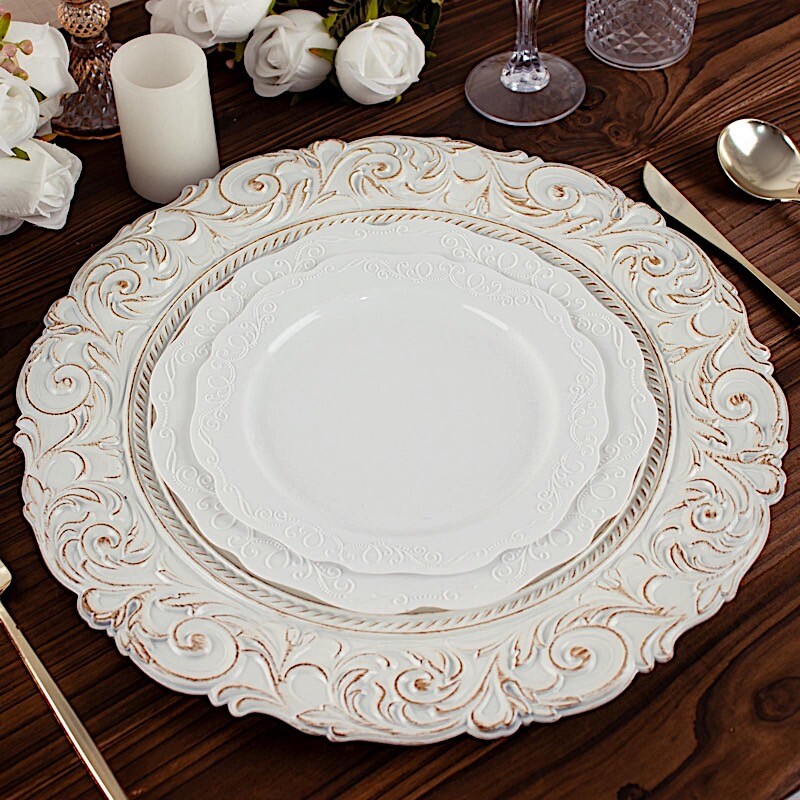 6 Antique White Gold 14″ Round Baroque Metallic Charger Plates Wedding Light
