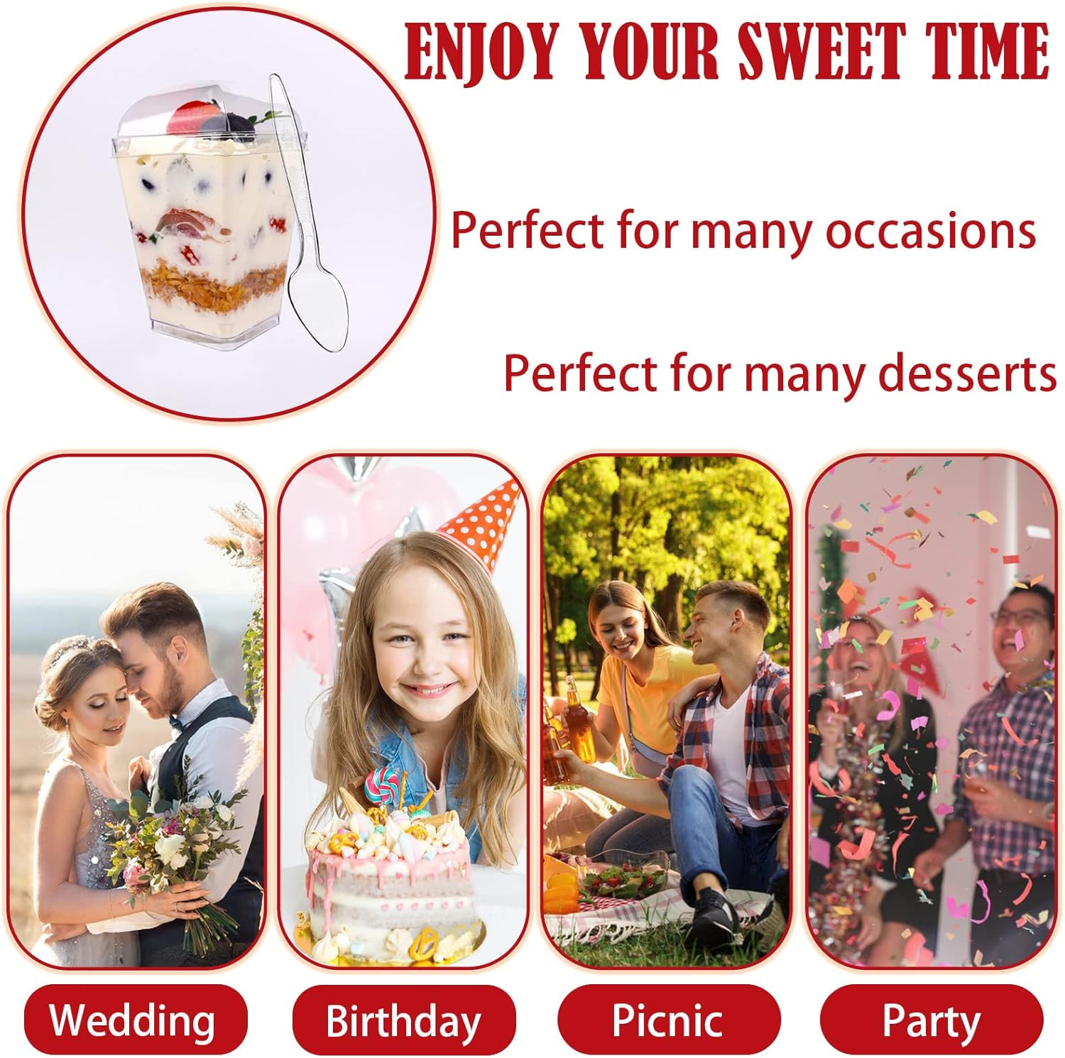 50Pack 5Oz Clear Plastic Dessert Cups with Lids and Spoons, Reusable Square Parf