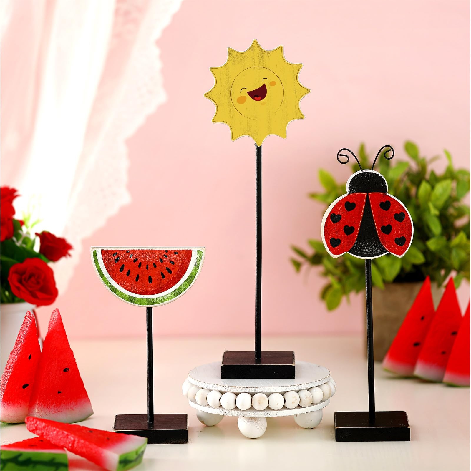 3 Pcs Summer Watermelon Ladybug Wooden Table Sign Vertical Wooden Table Top Home
