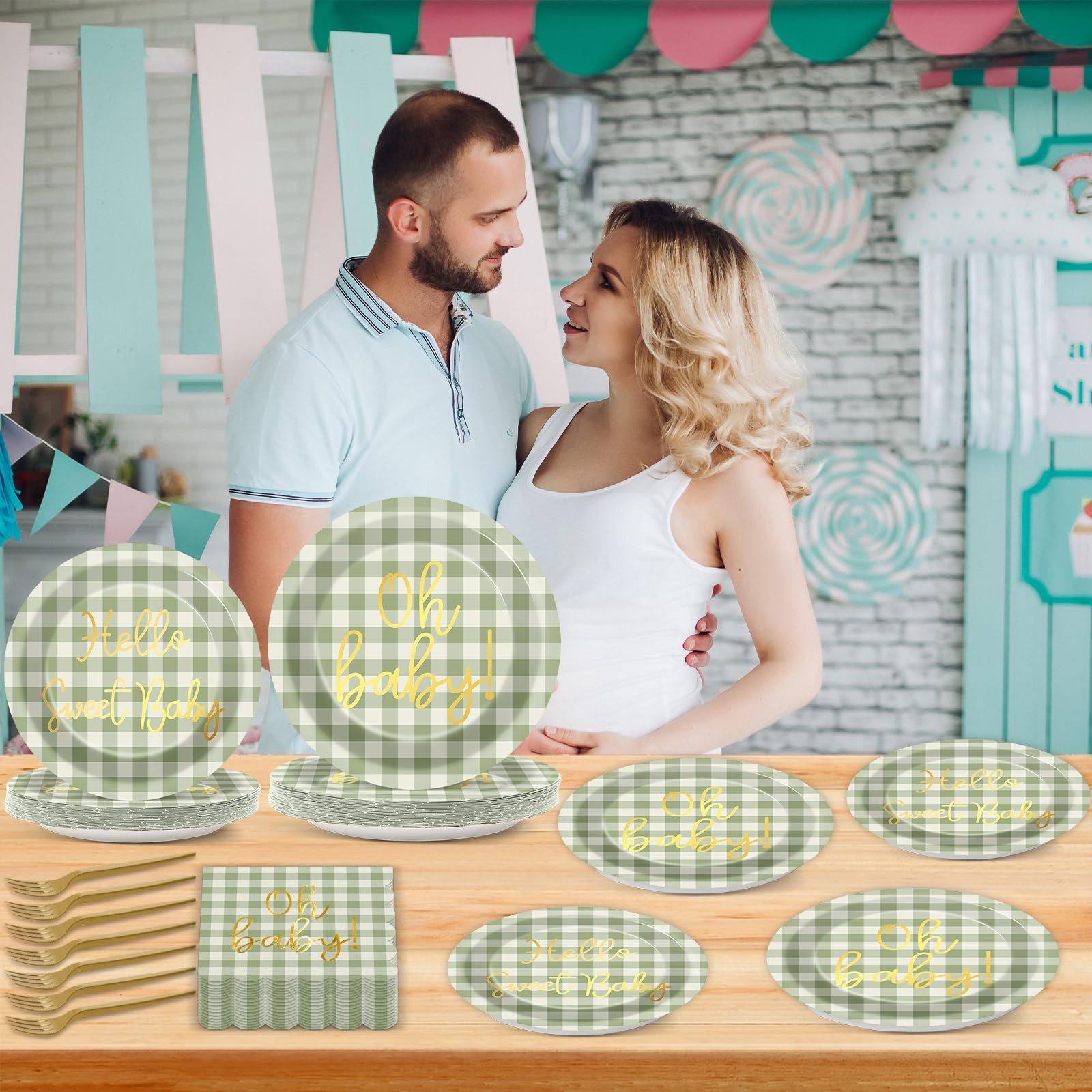 96PCS Sage Green Baby Shower Decorations Gold Sage Green Checkered Plates Sca…