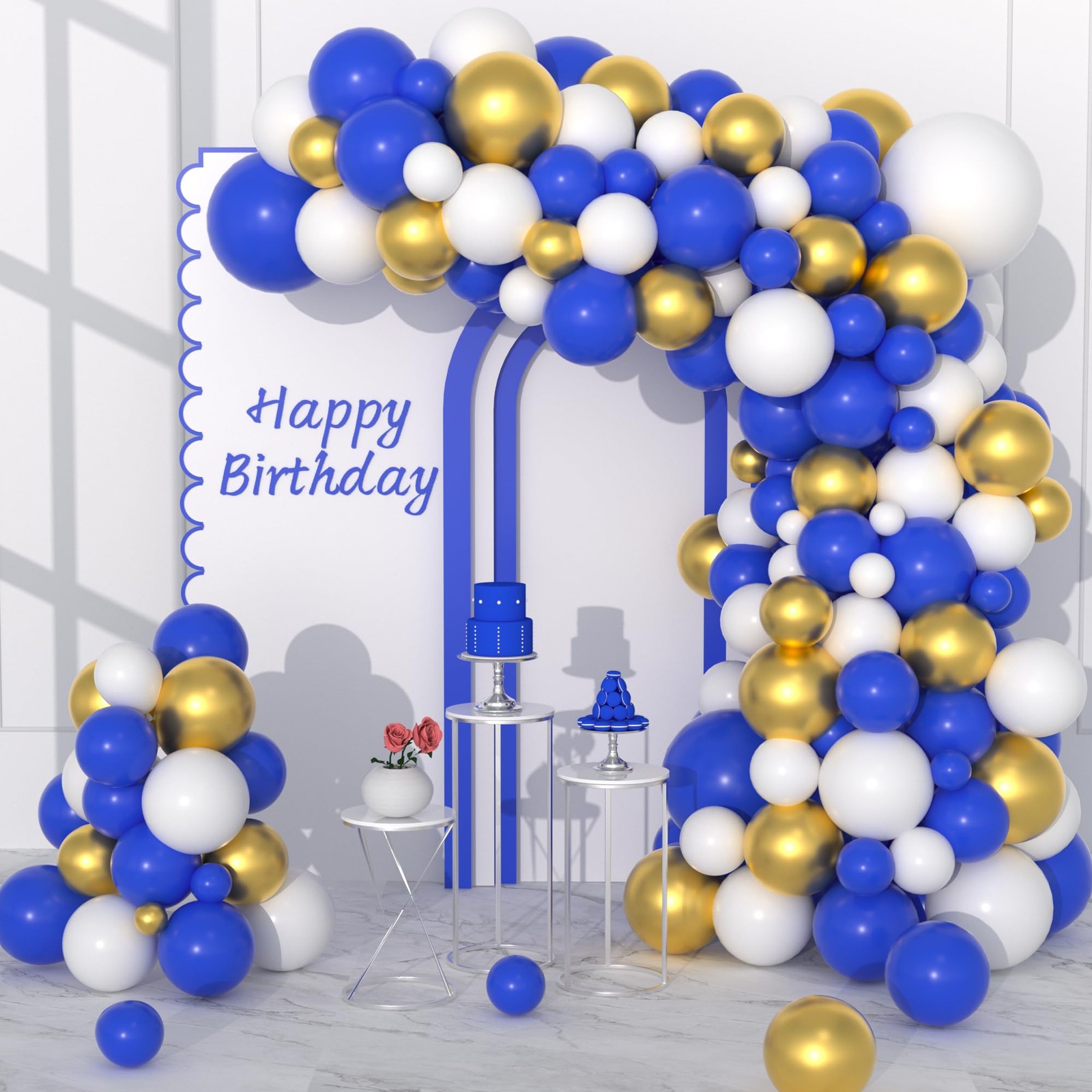 142Pcs Royal Blue Gold Balloon Garland Arch Kit, Royal Blue and Gold White Ballo