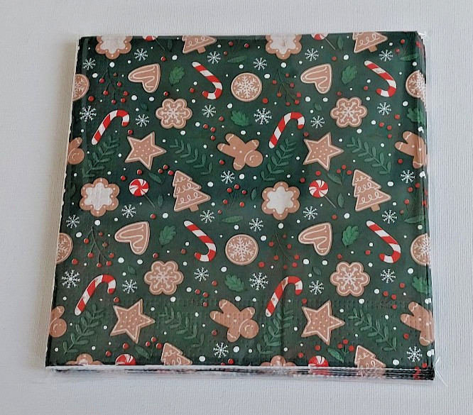 10 GREEN NAPKINS/GINGERBREAD PEOPLE CANDY CANES TREES STARS HEARTS