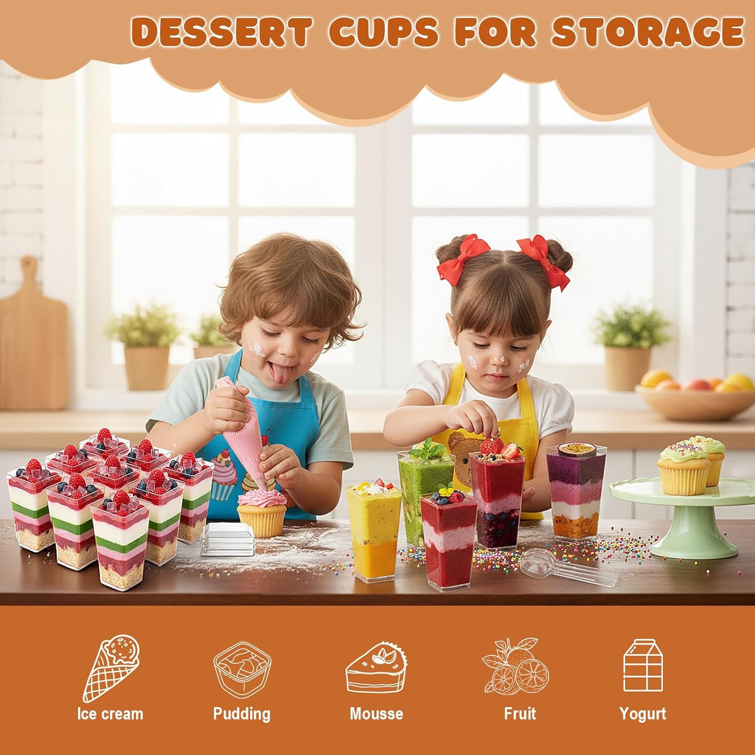 600 Pcs 3 Oz Mini Dessert Cups with Lids and Spoons, Reusable Square Appetizer,