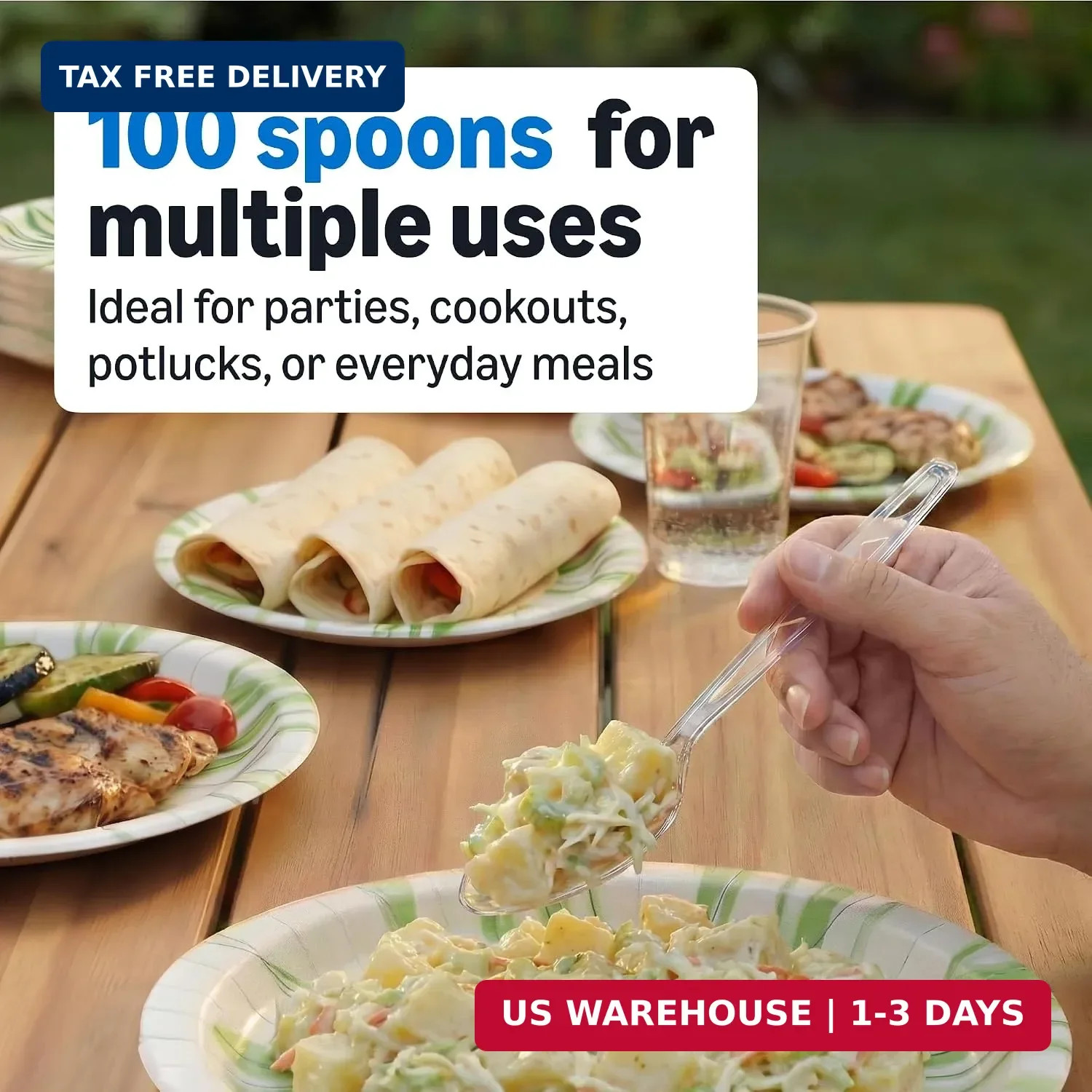 Amazon Basics Disposable Clear Plastic Spoons, Premium Quality, 100 Count, Large