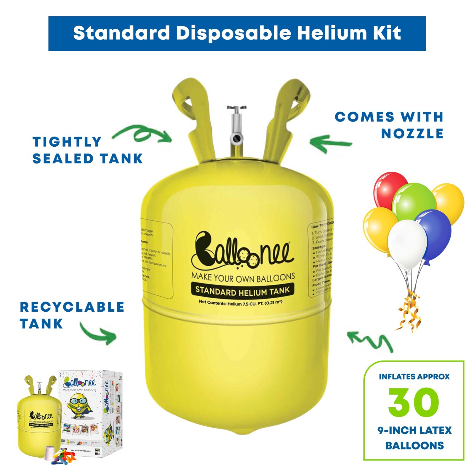Balloonee Standard Helium Party Kit Cylinder, Pack of 2, 7.5 Cu Ft Helium Tank