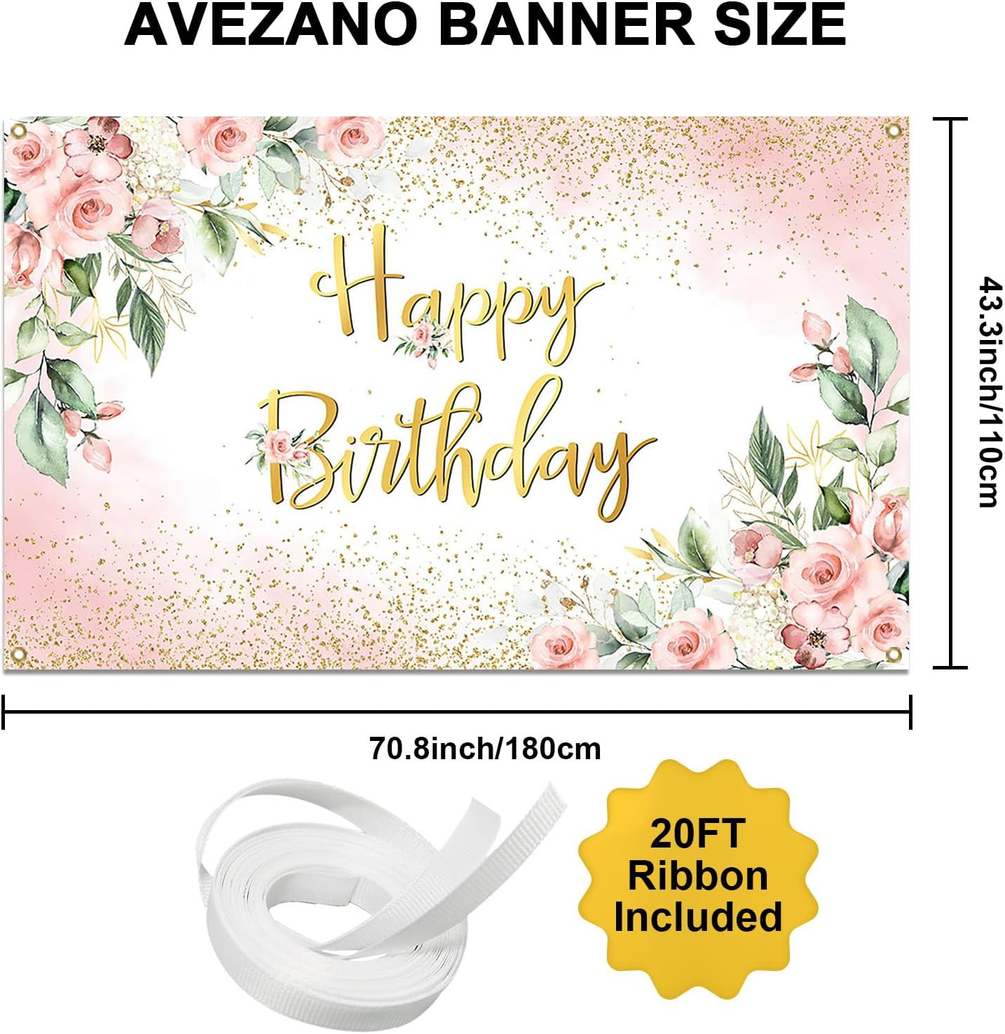 Rose Gold Birthday Backdrop for Women Pink Floral Golden Flash Happy Birthday Pa