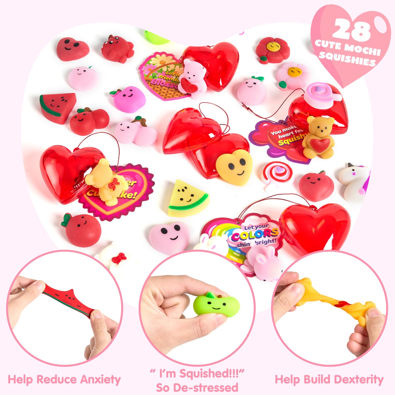 Joyin 28 Packs Valentines Day Heart Gift Cards Mochi Squishy Toys And Heart