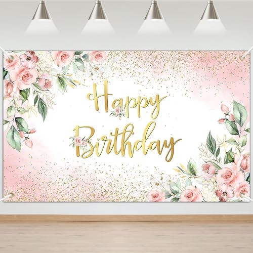 Rose Gold Birthday Backdrop for Women Pink Floral Golden Flash Happy 6×3.6ft