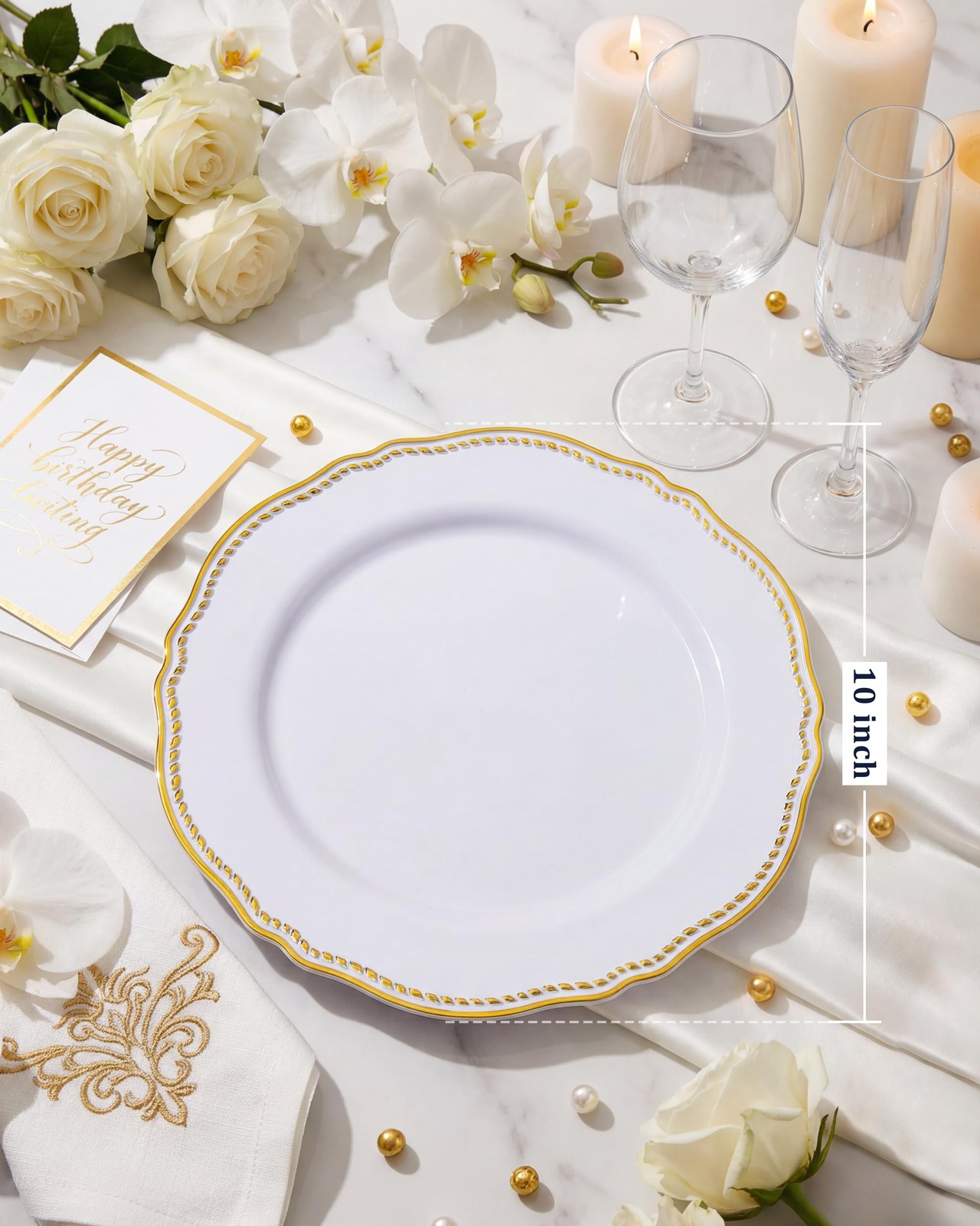 60pcs Gold Plastic Plates – White and Gold Disposable Dinnerware with Gold Ri…
